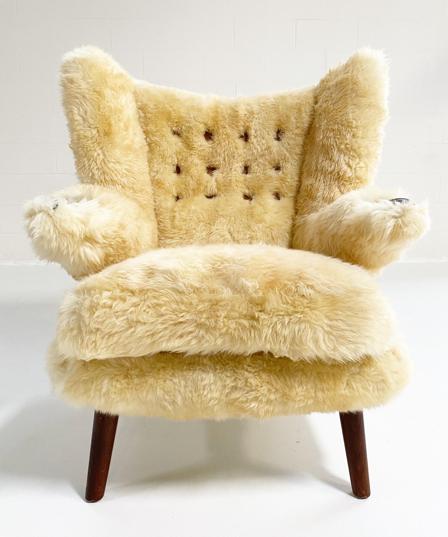 Mid-20th Century Hans Wegner Papa Bear Chair and Ottoman in Sheepskin