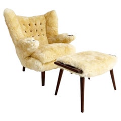 Vintage Hans Wegner Papa Bear Chair and Ottoman in Sheepskin