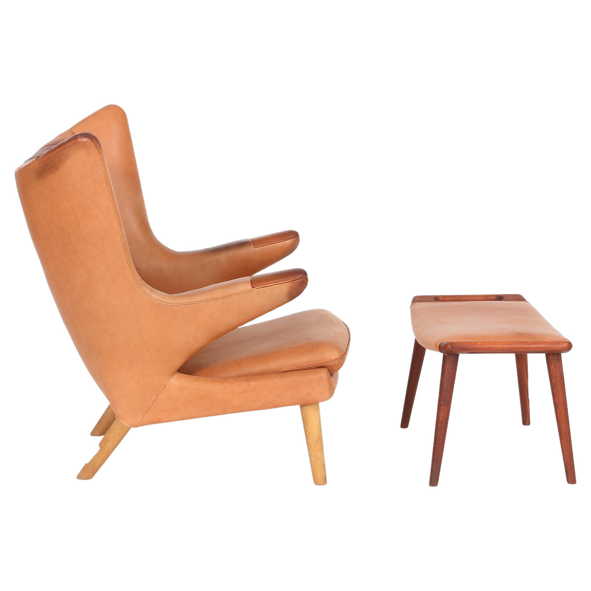 Hans Wegner Papa Bear Chair and Stool in Brown Leather