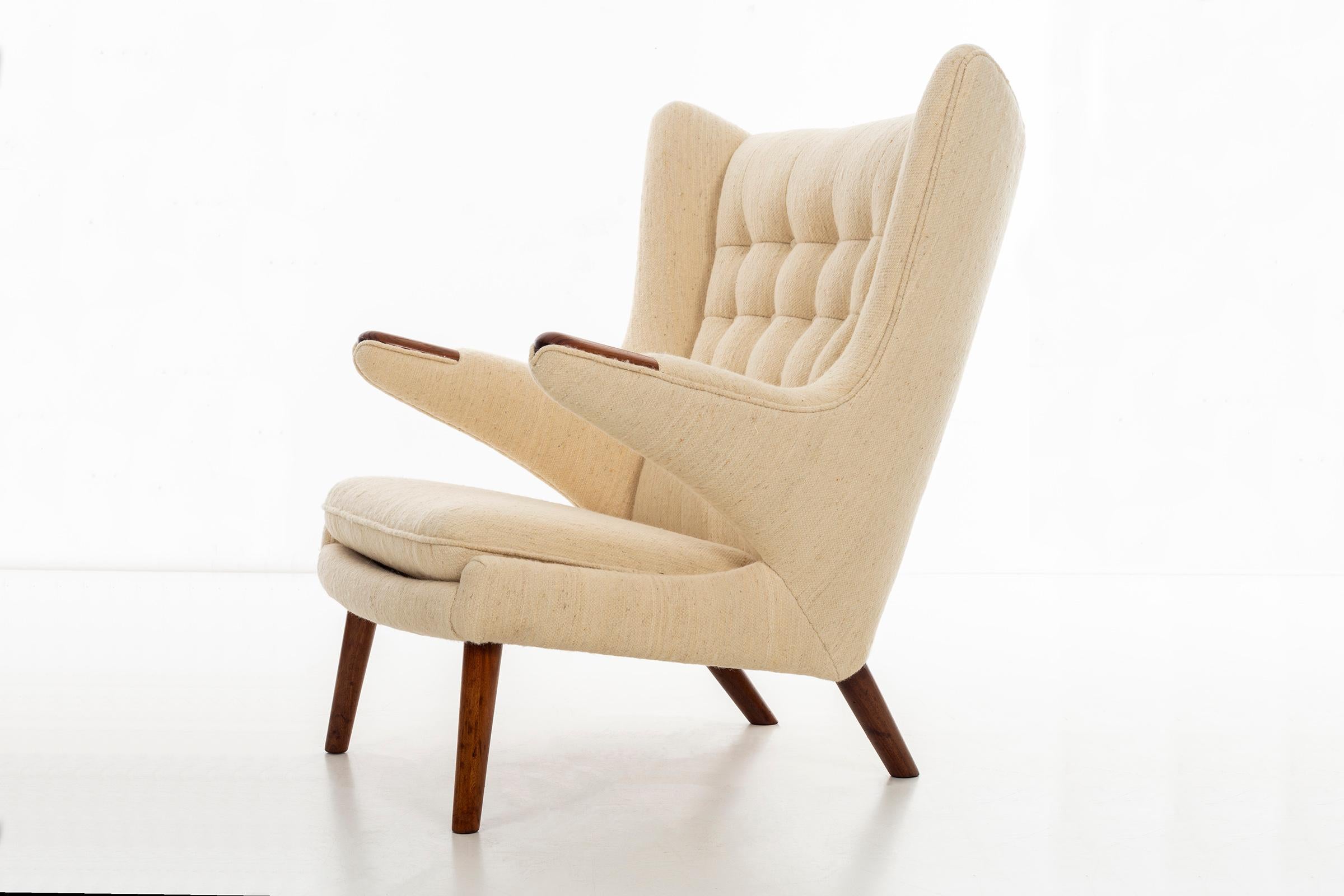 Teak Hans Wegner Papa Bear Chair, Handwoven Vintage Fabric