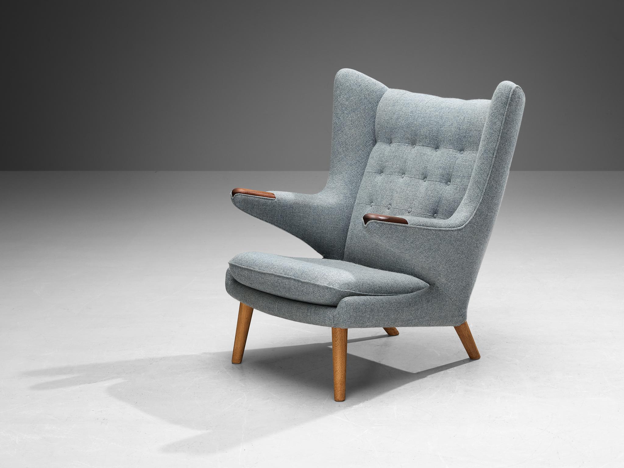 Hans J. Wegner for AP Stolen, lounge chair 'Papa Bear', teak, oak, beech, Denmark, design 1951

This semi-wingback armchair, has an open expression in contrast with its historical ancestors. Wegner made a few considerations about construction and