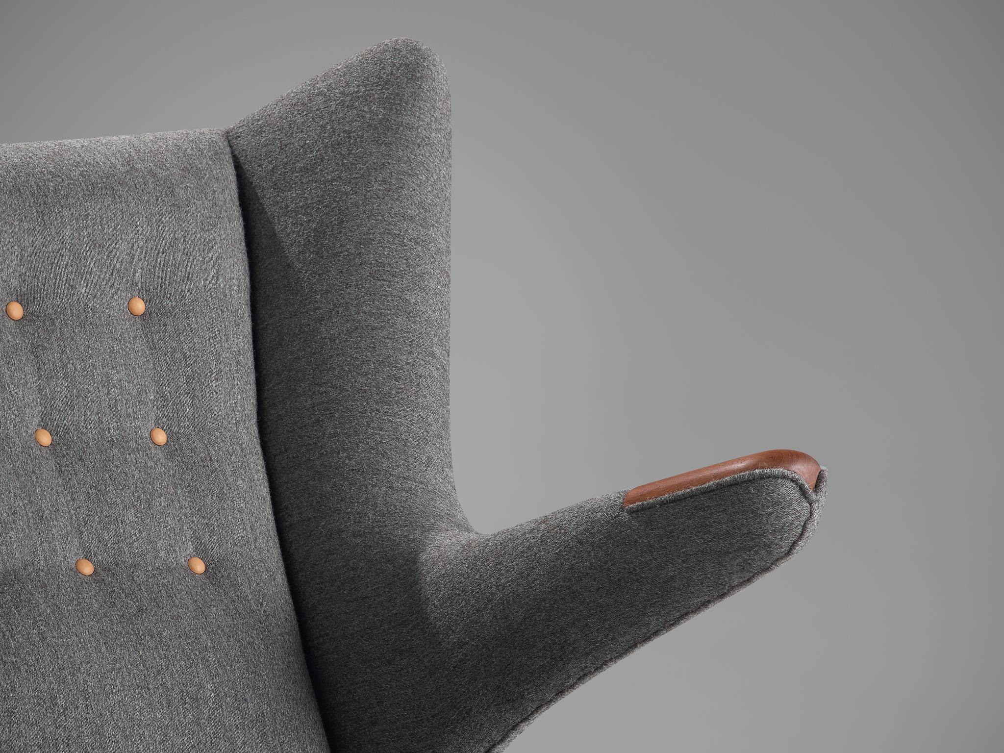 Scandinavian Modern Hans Wegner Papa Bear Chair in Grey Upholstery