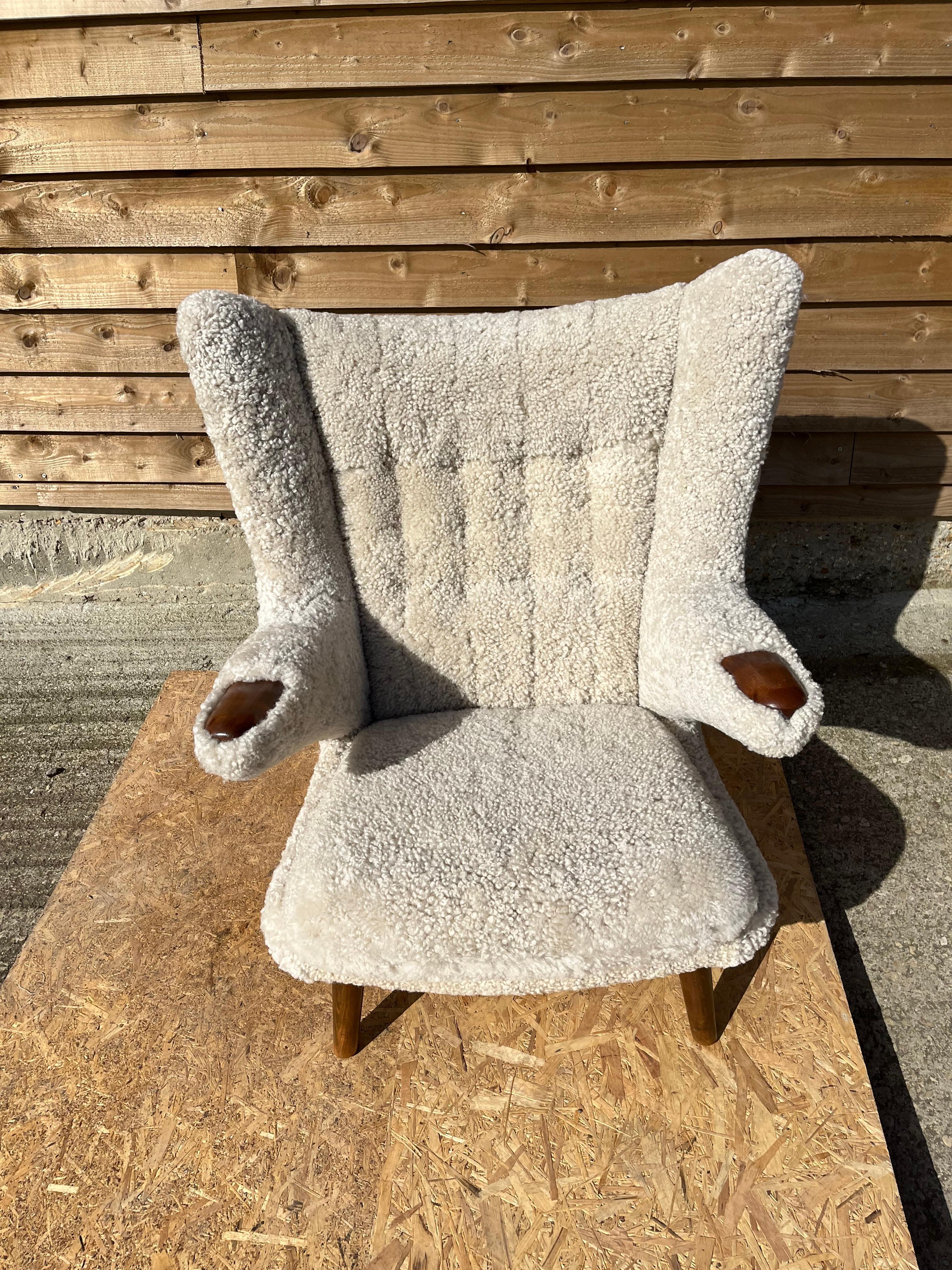 Hans Wegner Papa Bear Chair in Lambs Wool Hide  For Sale 1