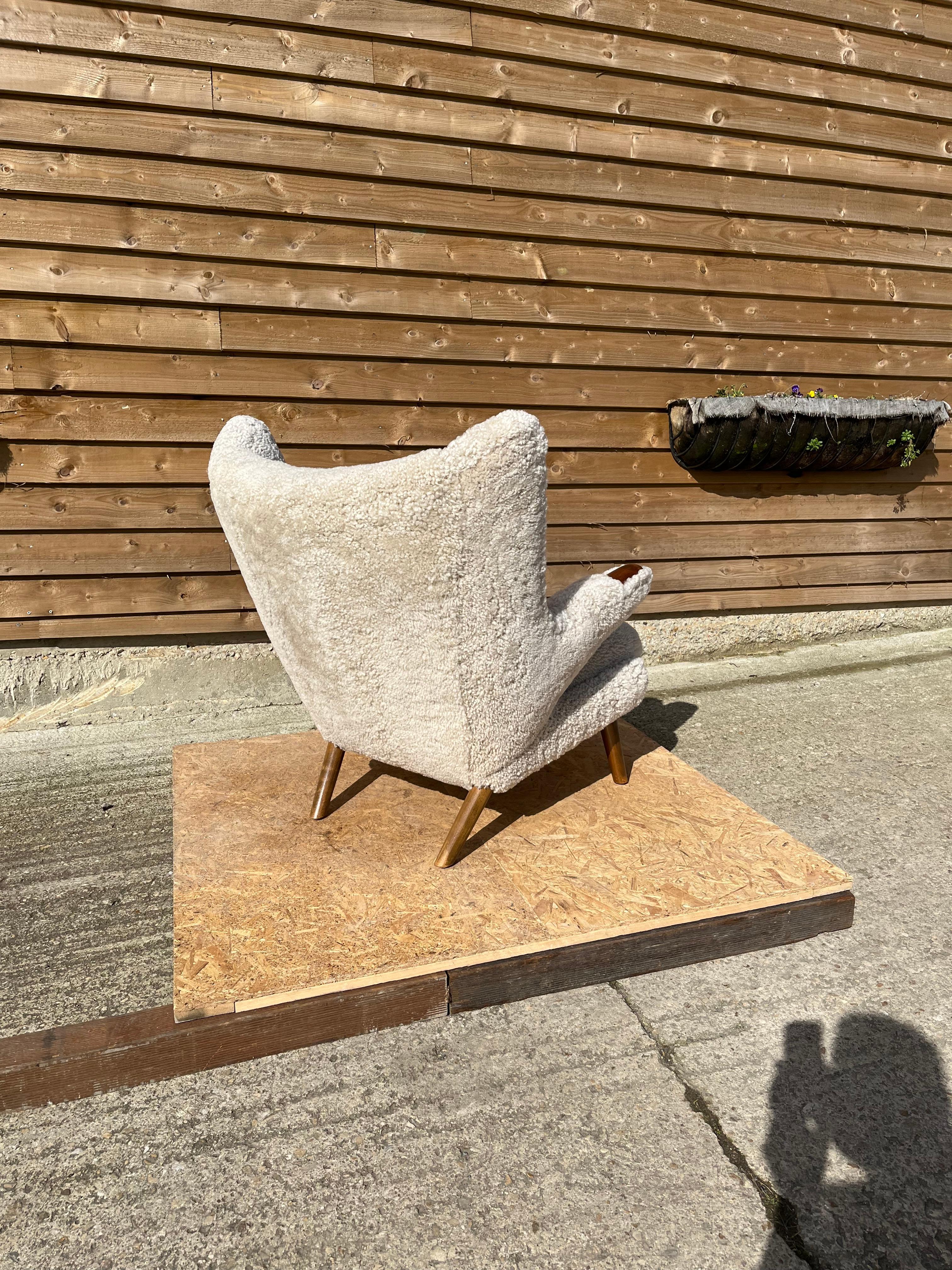 Danish Hans Wegner Papa Bear Chair in Lambs Wool Hide  For Sale