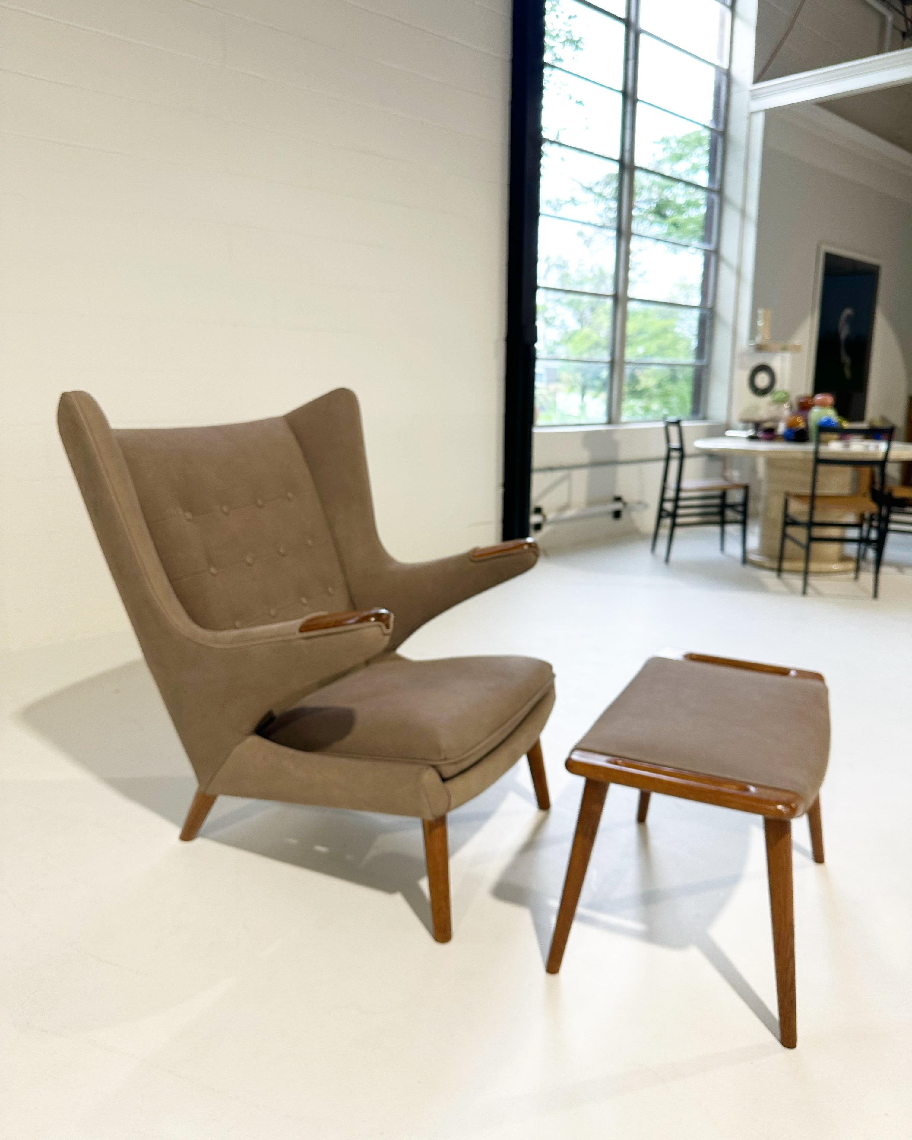Hans Wegner Papa Bear Chair with Ottoman in Loro Piana Nubuck Leather For Sale 5