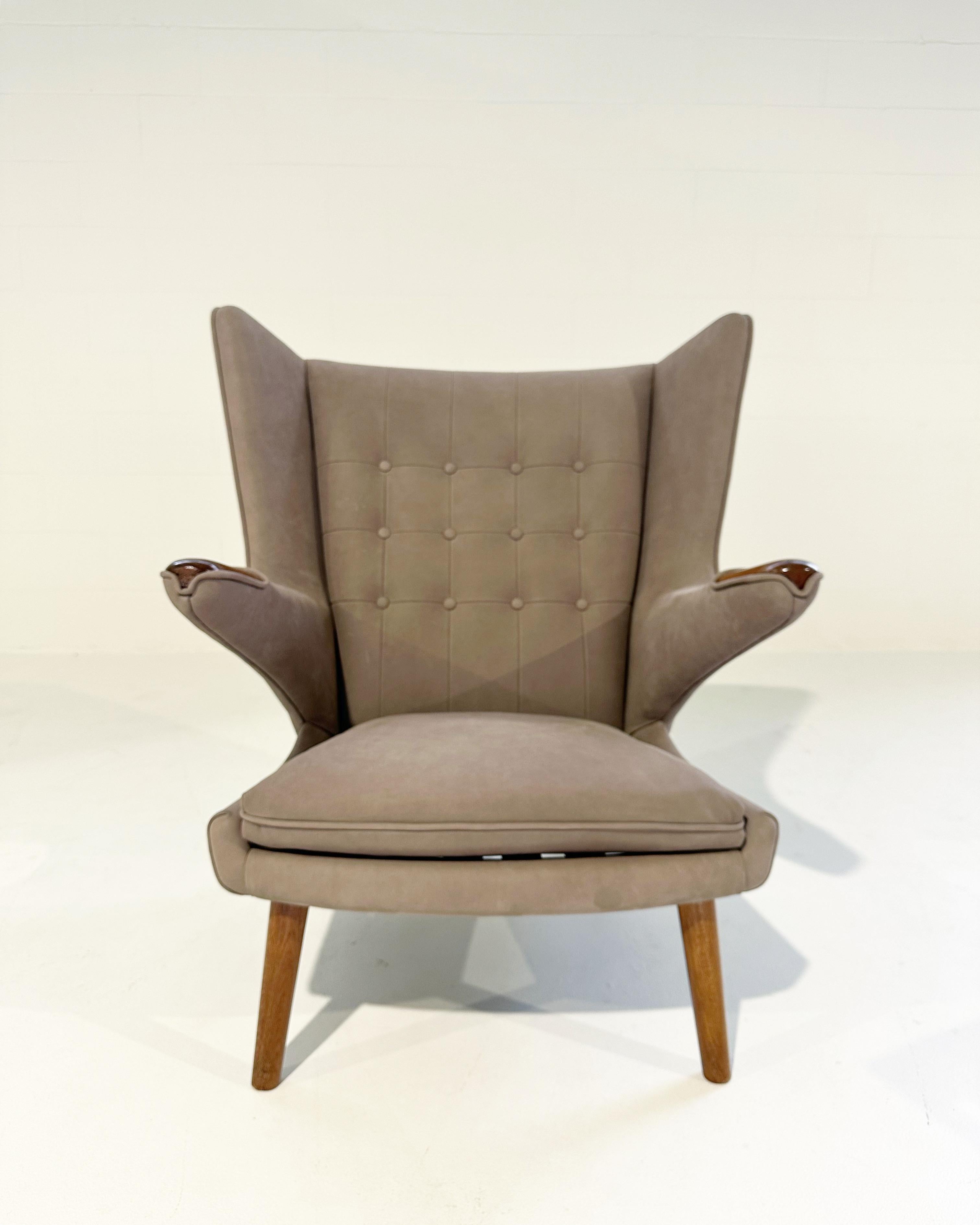Danish Hans Wegner Papa Bear Chair with Ottoman in Loro Piana Nubuck Leather For Sale