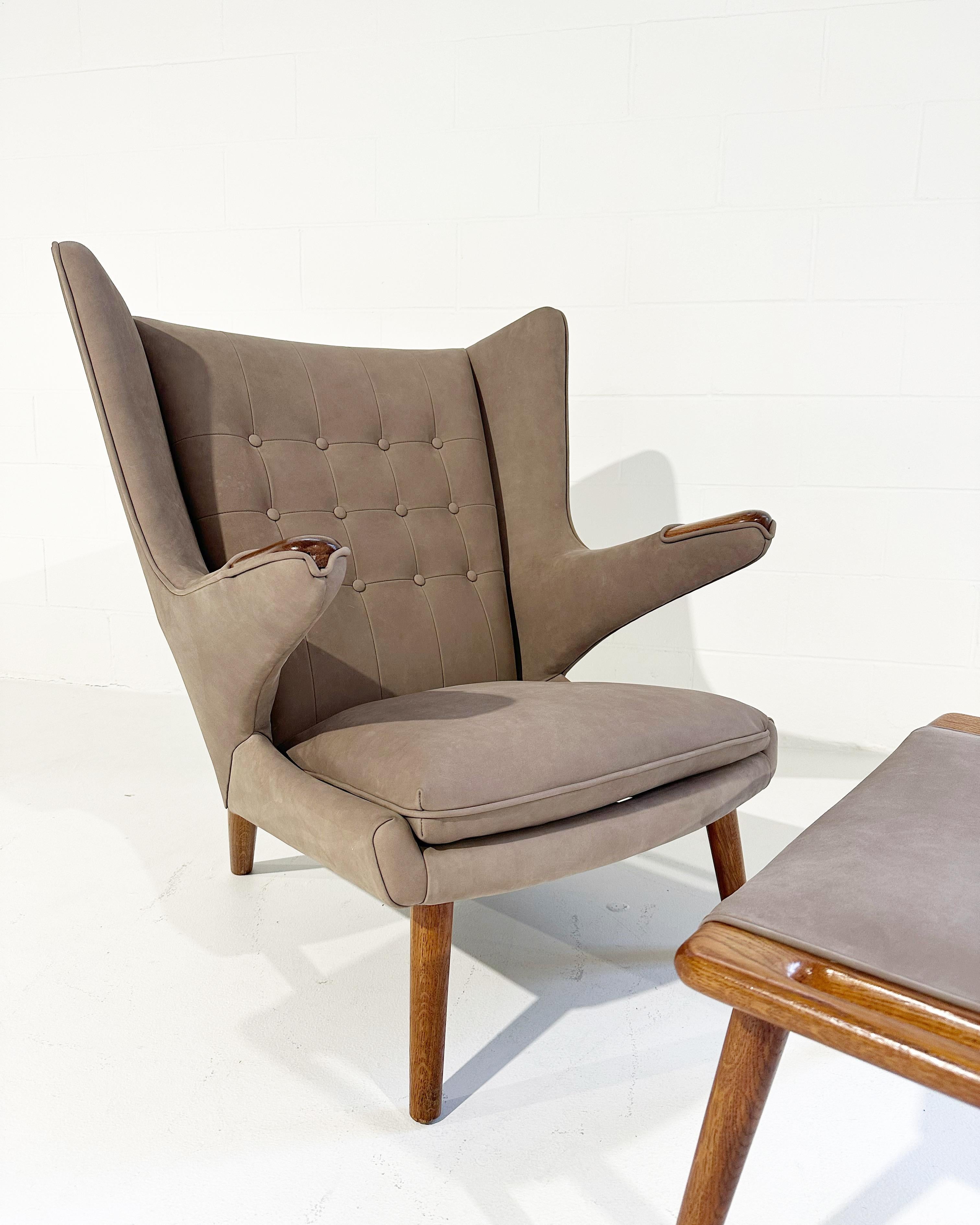 Hans Wegner Papa Bear Chair with Ottoman in Loro Piana Nubuck Leather In Good Condition For Sale In SAINT LOUIS, MO