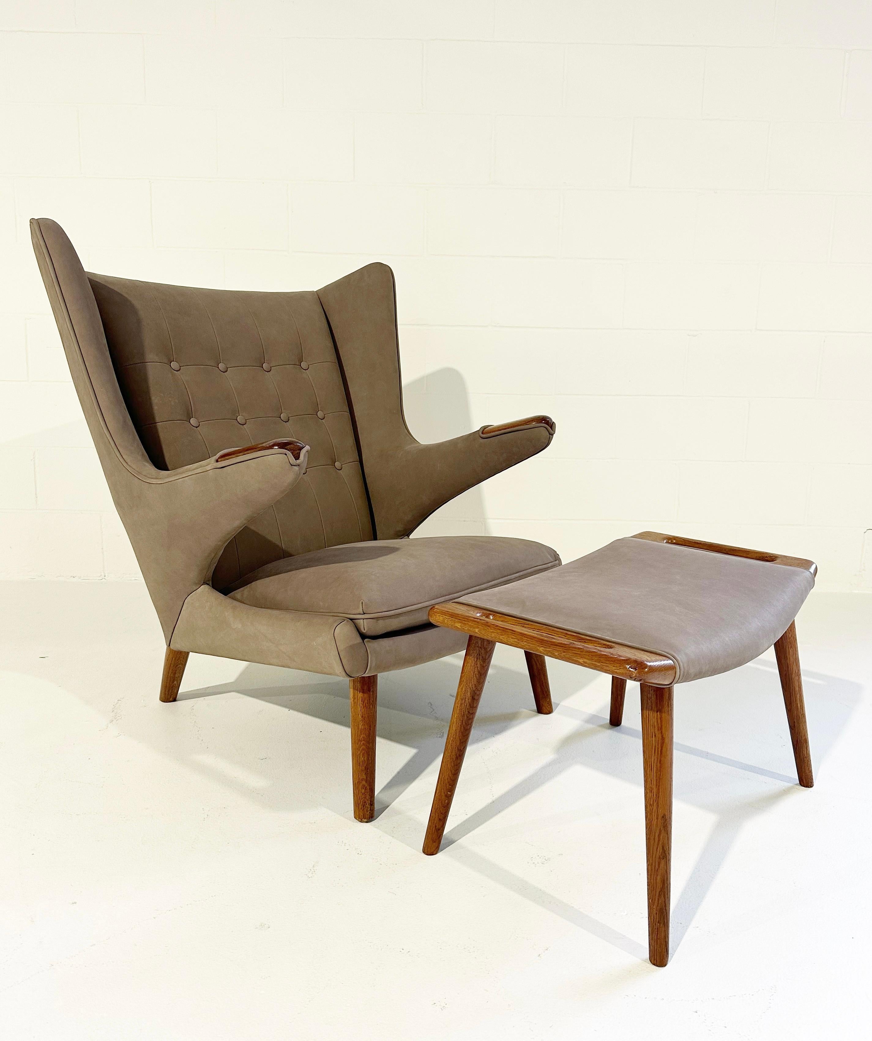 Hans Wegner Papa Bear Chair with Ottoman in Loro Piana Nubuck Leather For Sale 1