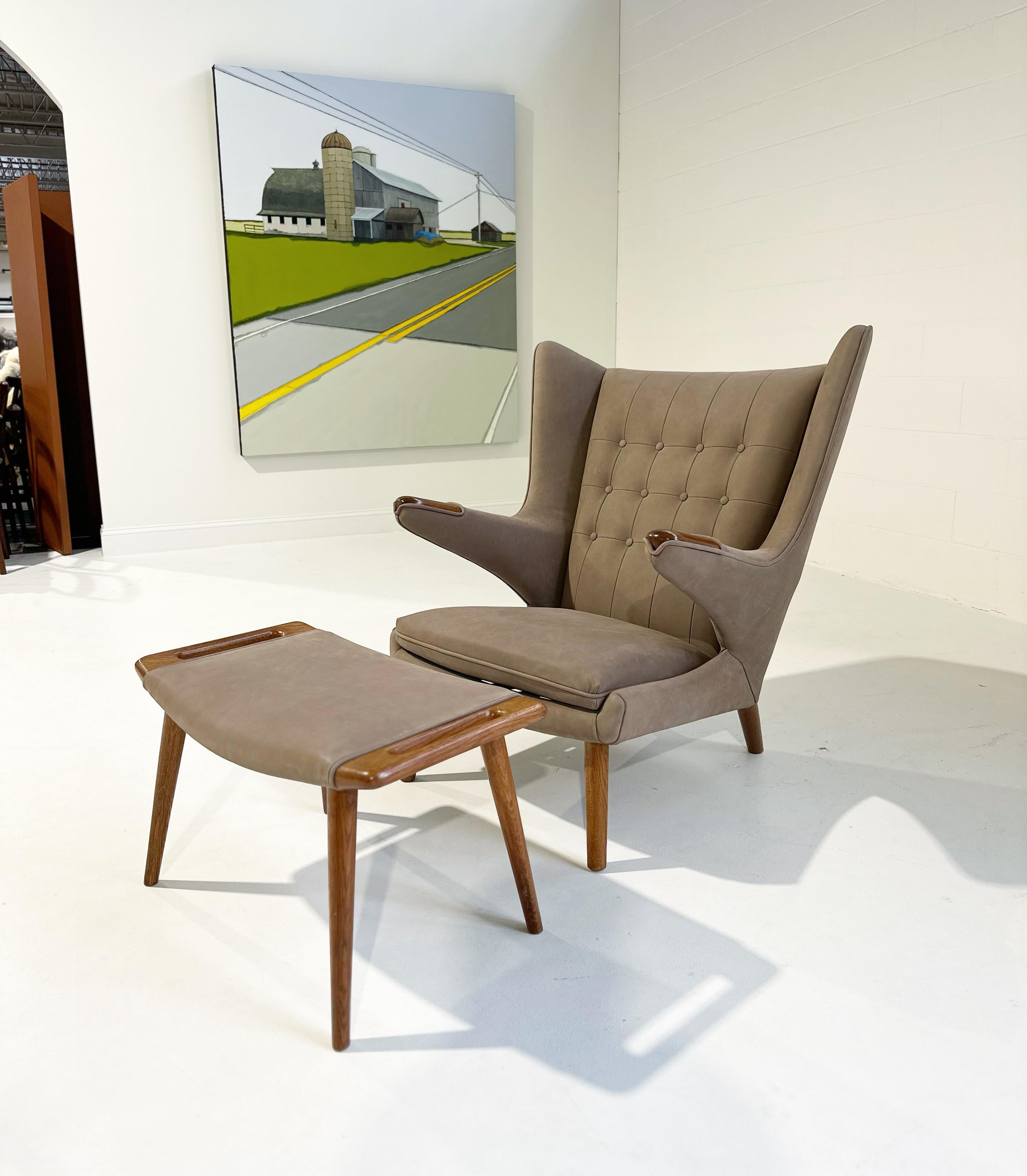 Hans Wegner Papa Bear Chair with Ottoman in Loro Piana Nubuck Leather For Sale 2