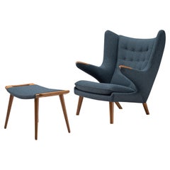 Hans Wegner Papa Bear Chair with Ottoman in Ocean Blue Upholstery