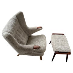 Hans Wegner Papa Bear Chair with Stool in Lambs Wool Hide
