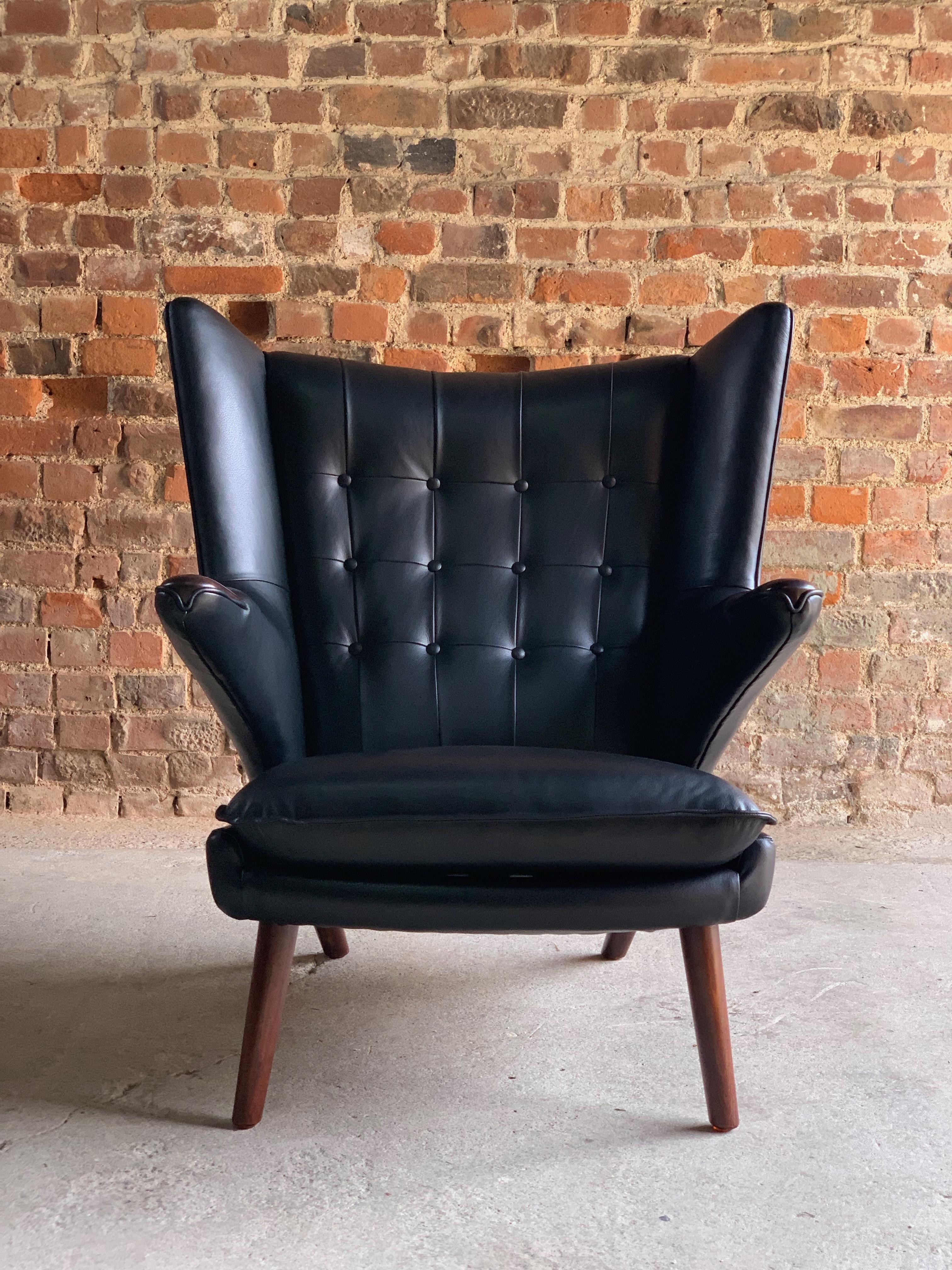 Hans Wegner Papa Bear Lounge Chair Black Leather Model AP19 Denmark, 1963 6