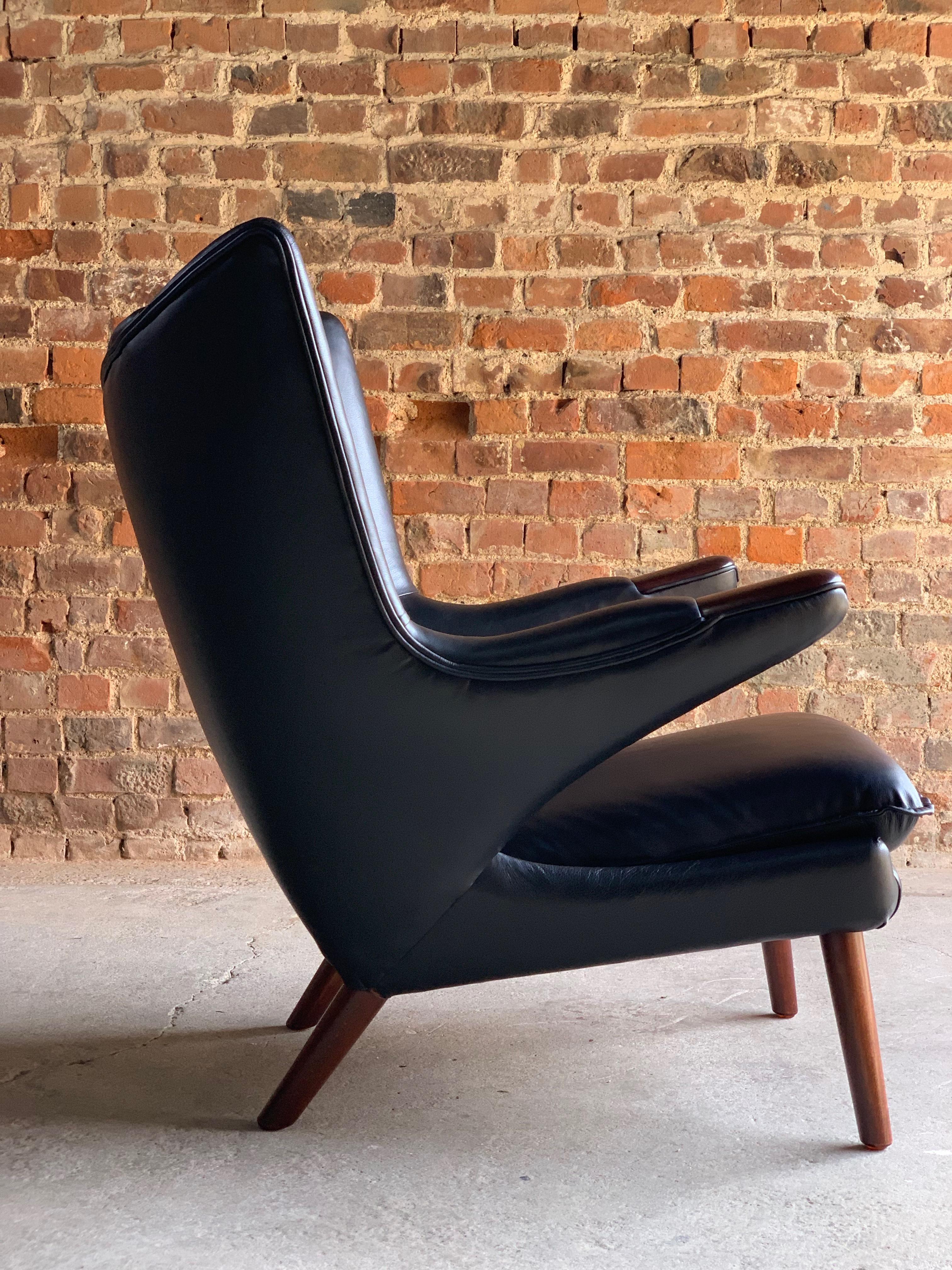 Danish Hans Wegner Papa Bear Lounge Chair Black Leather Model AP19 Denmark, 1963