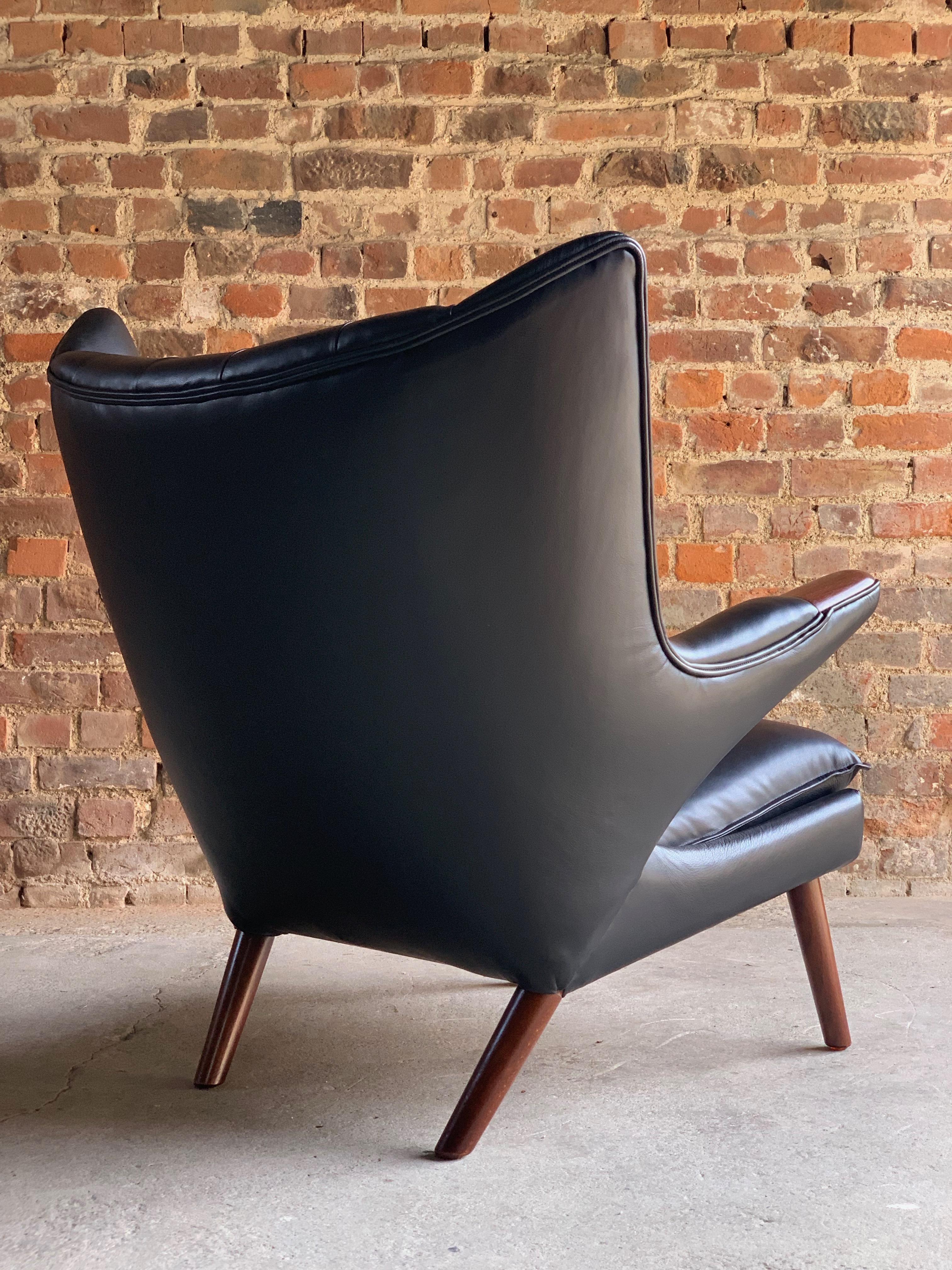 Danish Hans Wegner Papa Bear Lounge Chair Black Leather Model AP19 Denmark, 1963
