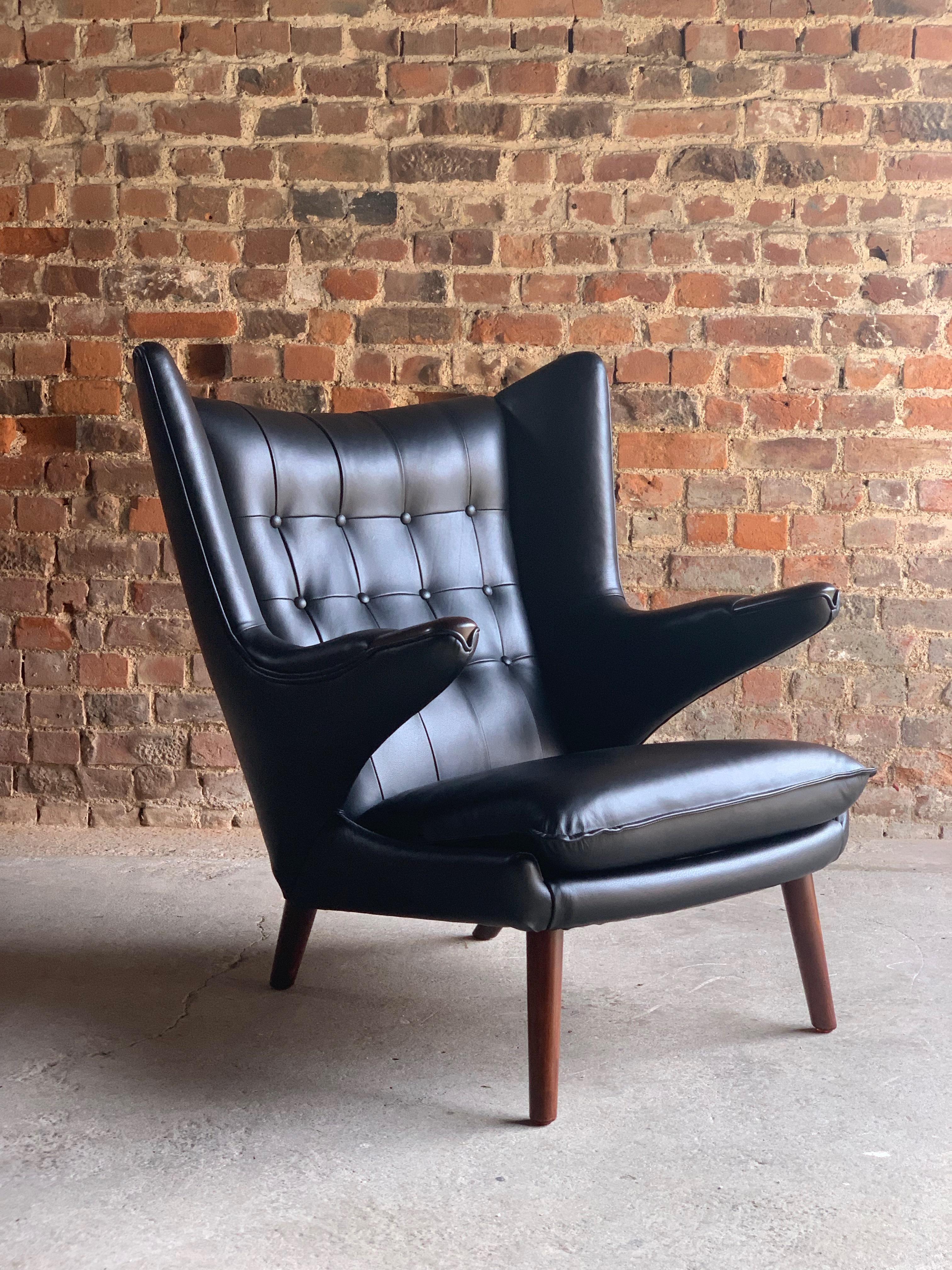 20th Century Hans Wegner Papa Bear Lounge Chair Black Leather Model AP19 Denmark, 1963