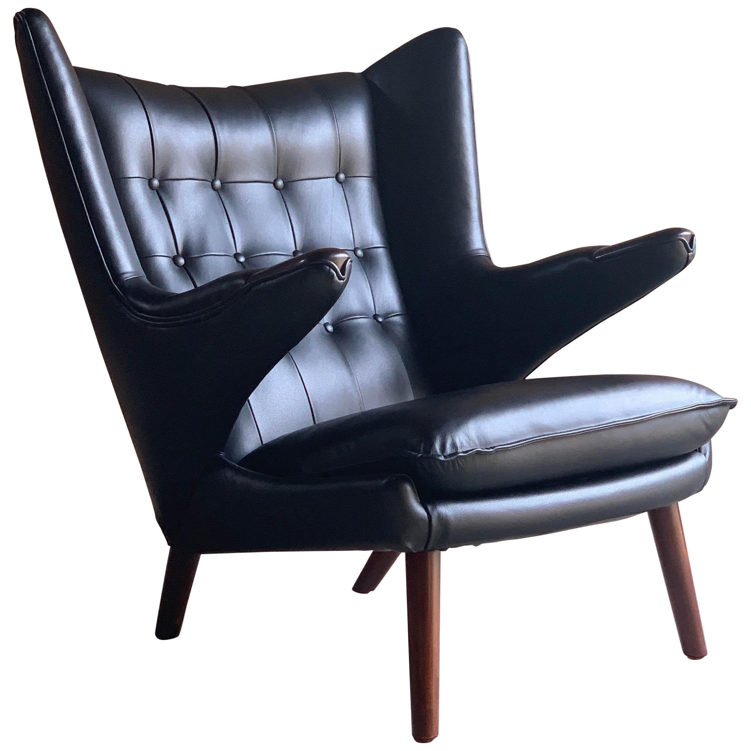 Hans Wegner Papa Bear Lounge Chair Black Leather Model AP19 Denmark, 1963