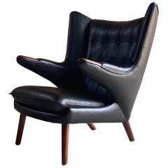 Hans Wegner Papa Bear Lounge Chair Black Leather Model AP19 Denmark 1963