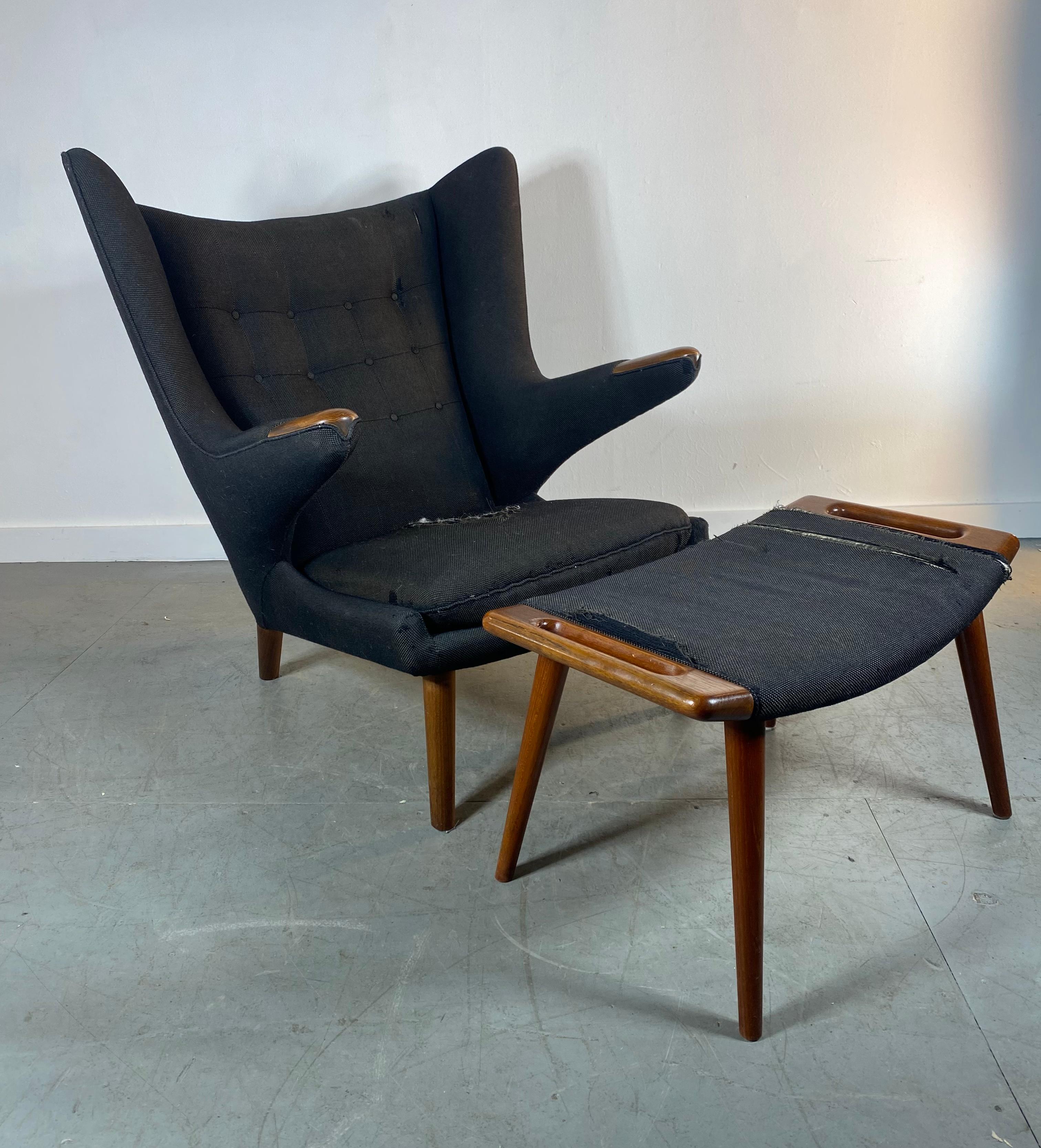Hans J. Wegner for AP sTOLEN easy chair with ottoman , model AP Papa Bear, Fabric , oak,, made in Denmark.. designed in 1951,, I believe this chair and ottoman to be early production.. Ink stamped to wood, (see photo) Retains its original black wool