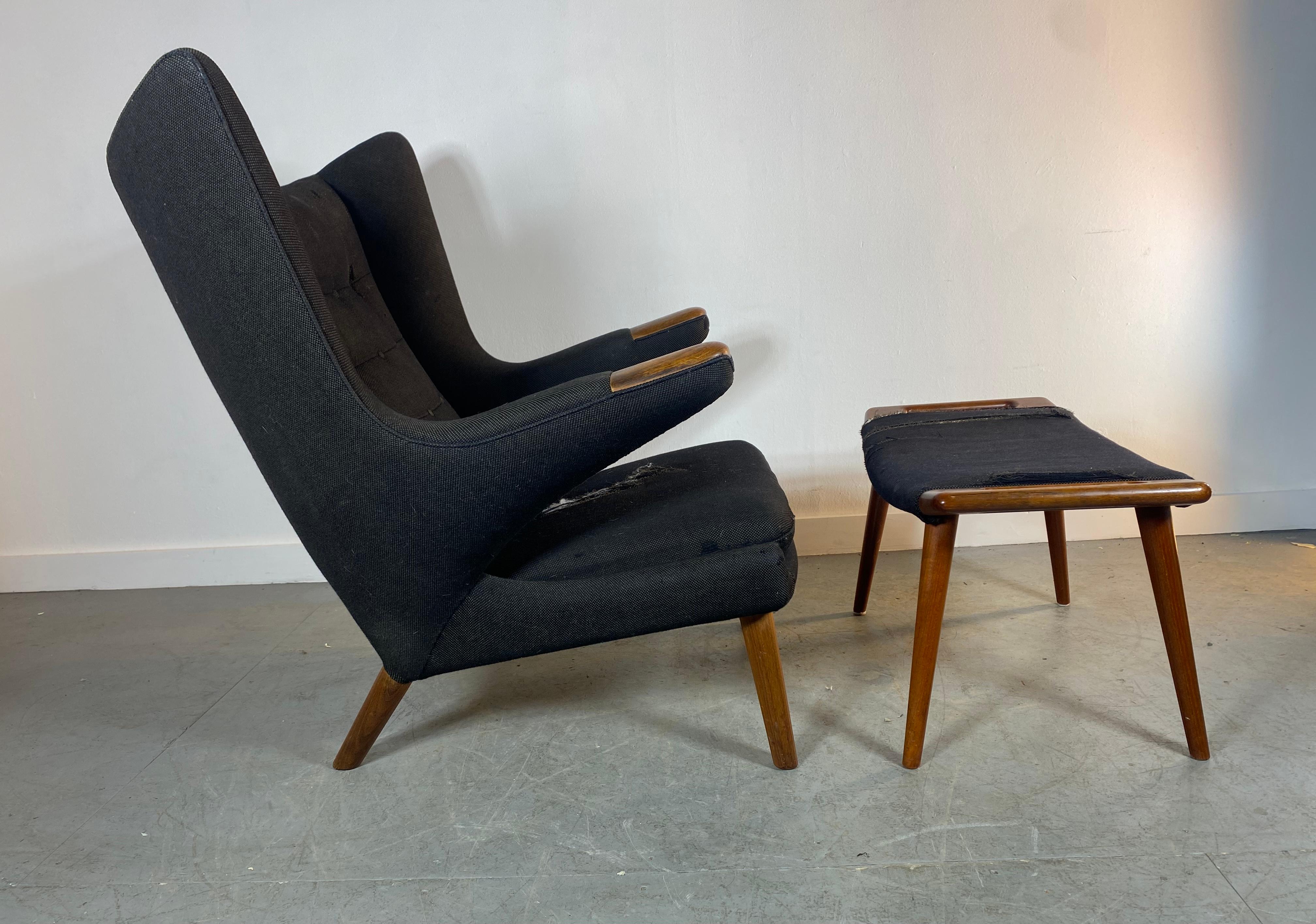 Hans Wegner Papa Bear Lounge Chair & Ottoman, Classic Modernist Design, Denmark In Fair Condition In Buffalo, NY