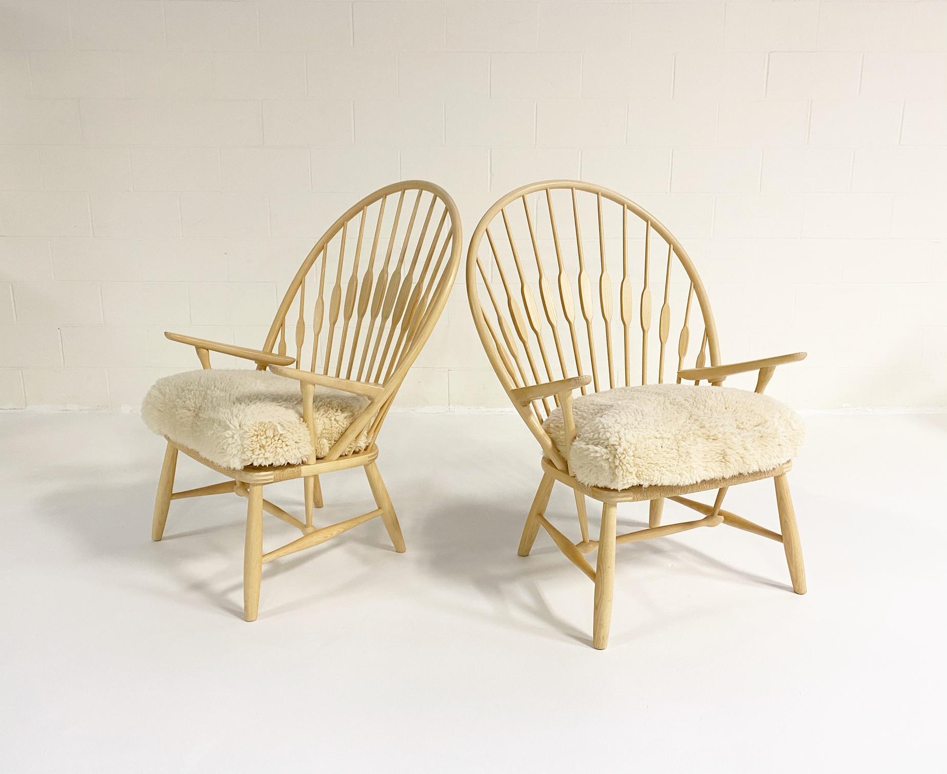 Danish Hans Wegner Peacock Lounge Chair with Custom Sheepskin Cushion, Single