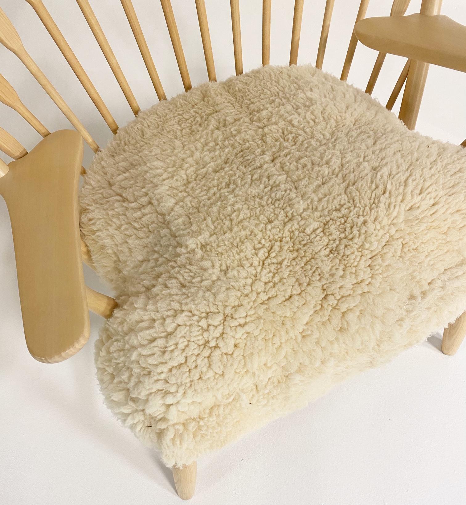 Scandinavian Modern Hans Wegner Peacock Lounge Chairs with Custom Sheepskin Cushions, Pair