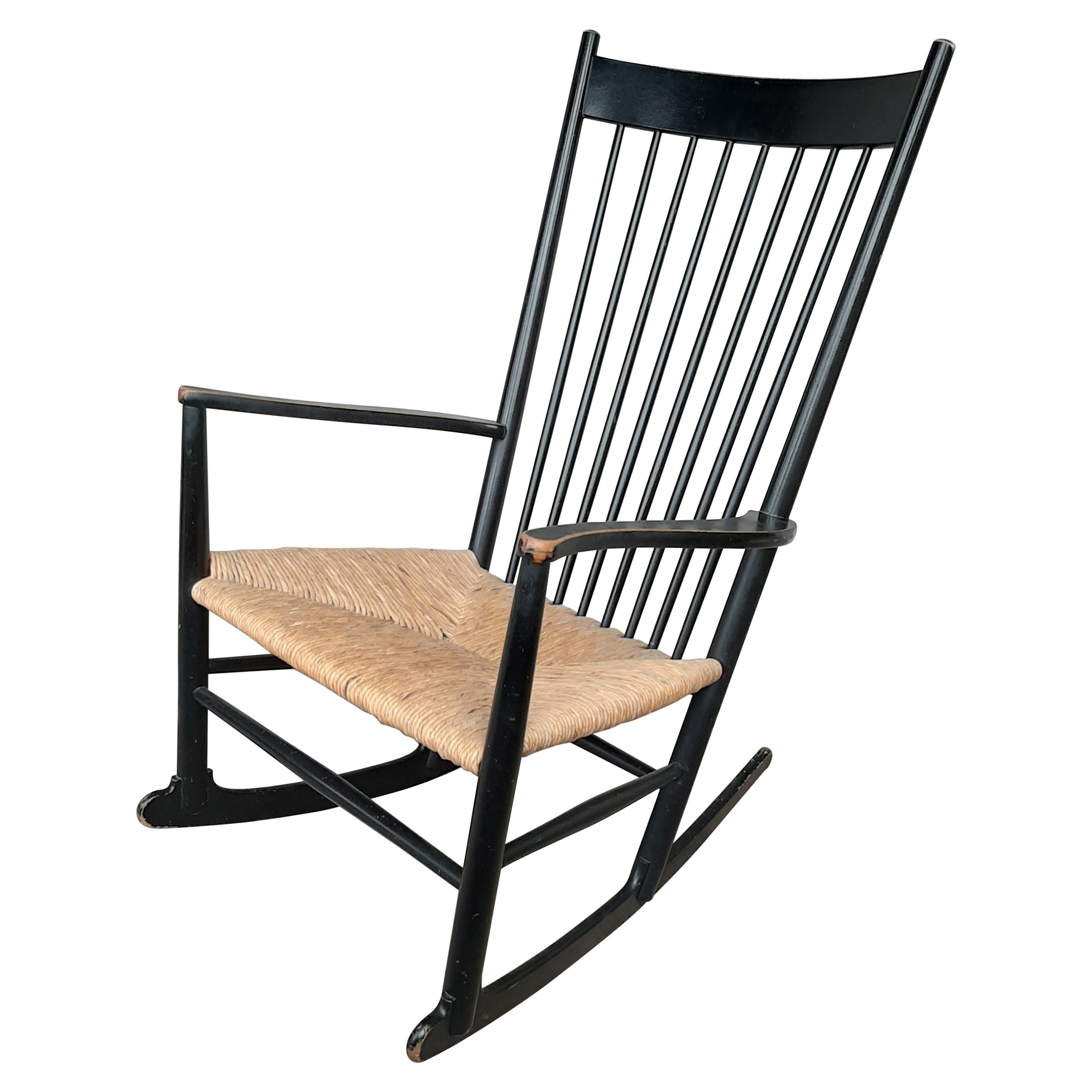 Hans Wegner Rocking Chair Model J16 in Painted Beech with Woven Paper Cord Seat For Sale