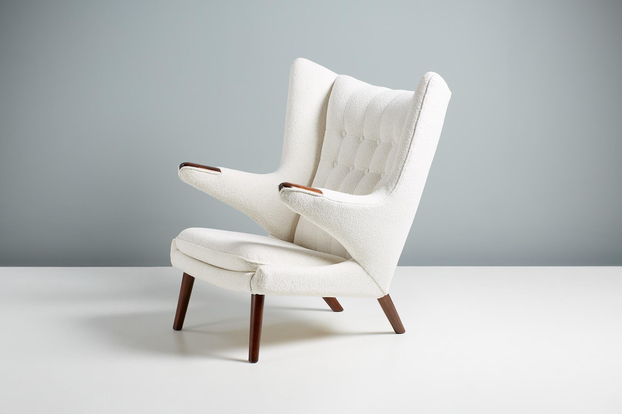 Scandinavian Modern Hans Wegner Rosewood Papa Bear Chair in Boucle Fabric For Sale