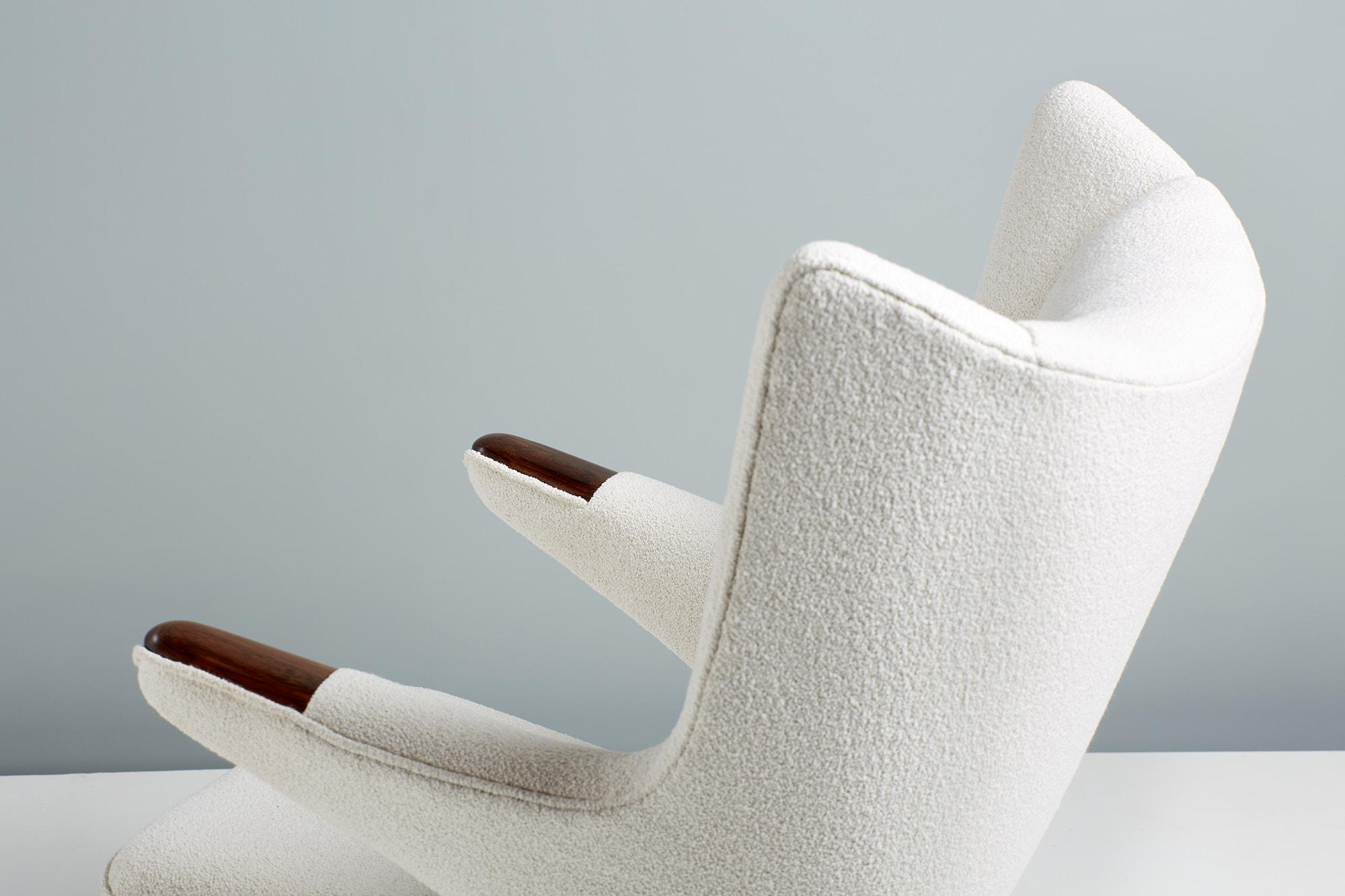 Danish Hans Wegner Rosewood Papa Bear Chair in Boucle Fabric For Sale