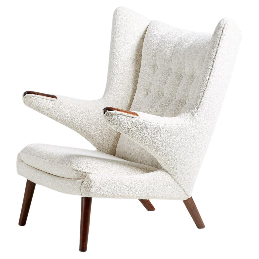 Hans Wegner Rosewood Papa Bear Chair in Boucle Fabric For Sale