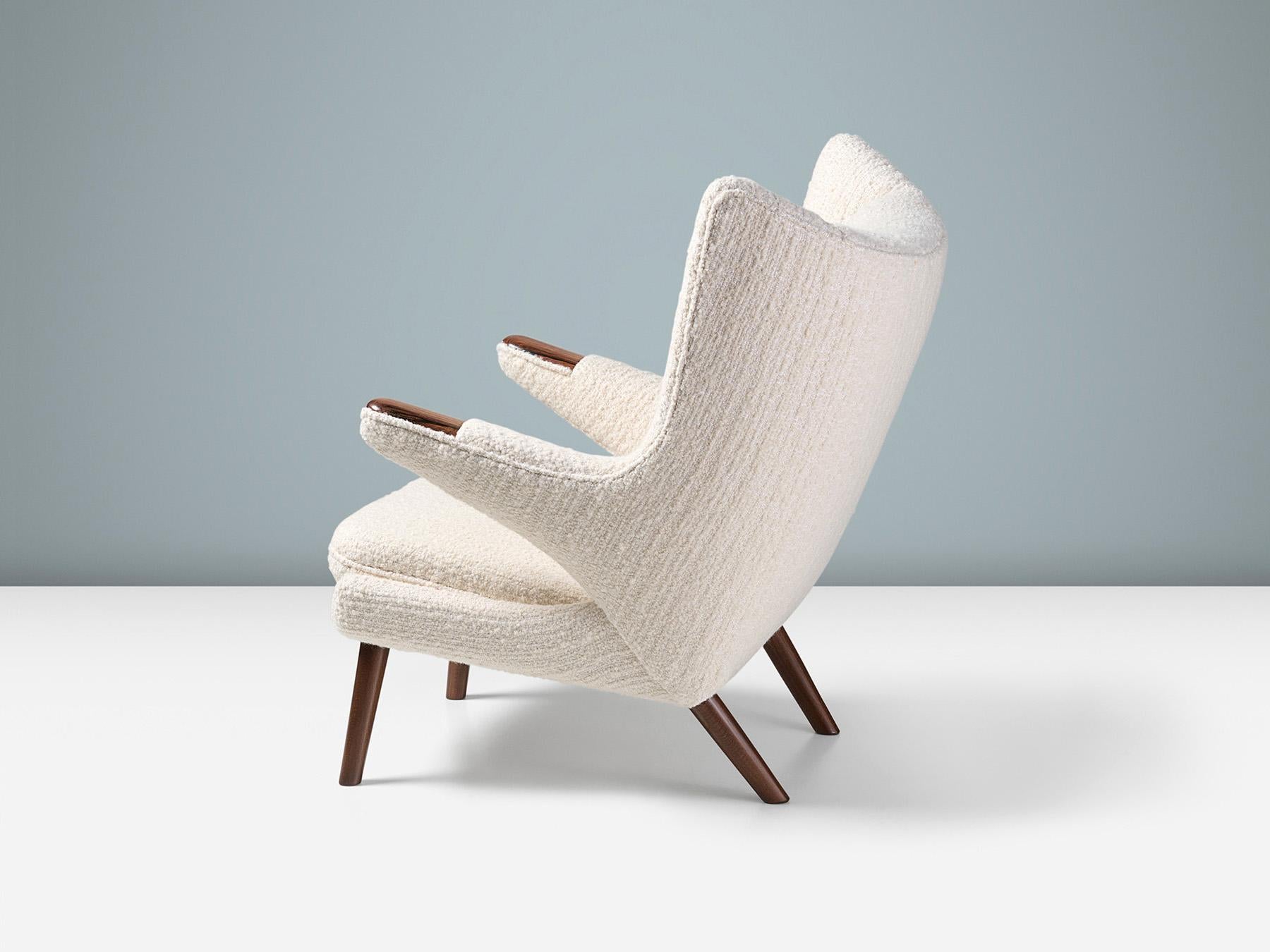 Danish Hans Wegner Rosewood Papa Bear Chair in Off-White Fabric For Sale