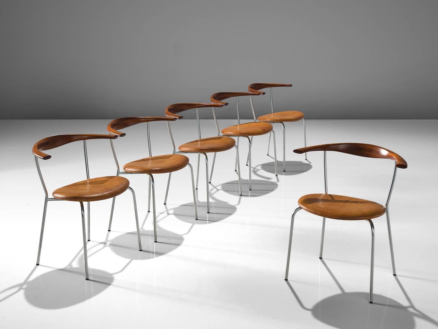 Scandinavian Modern Hans Wegner Set of Six '701' Chairs in Mahogany and Cognac Leather