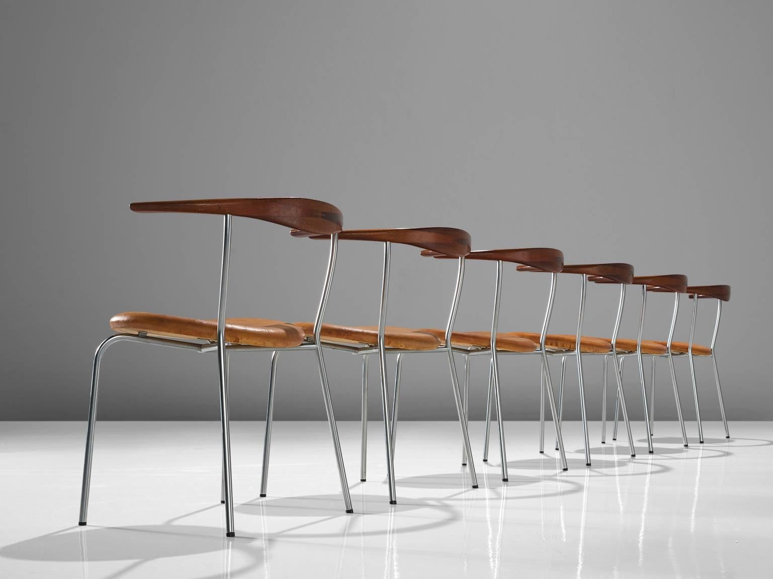 Danish Hans Wegner Set of Six '701' Chairs in Mahogany and Cognac Leather