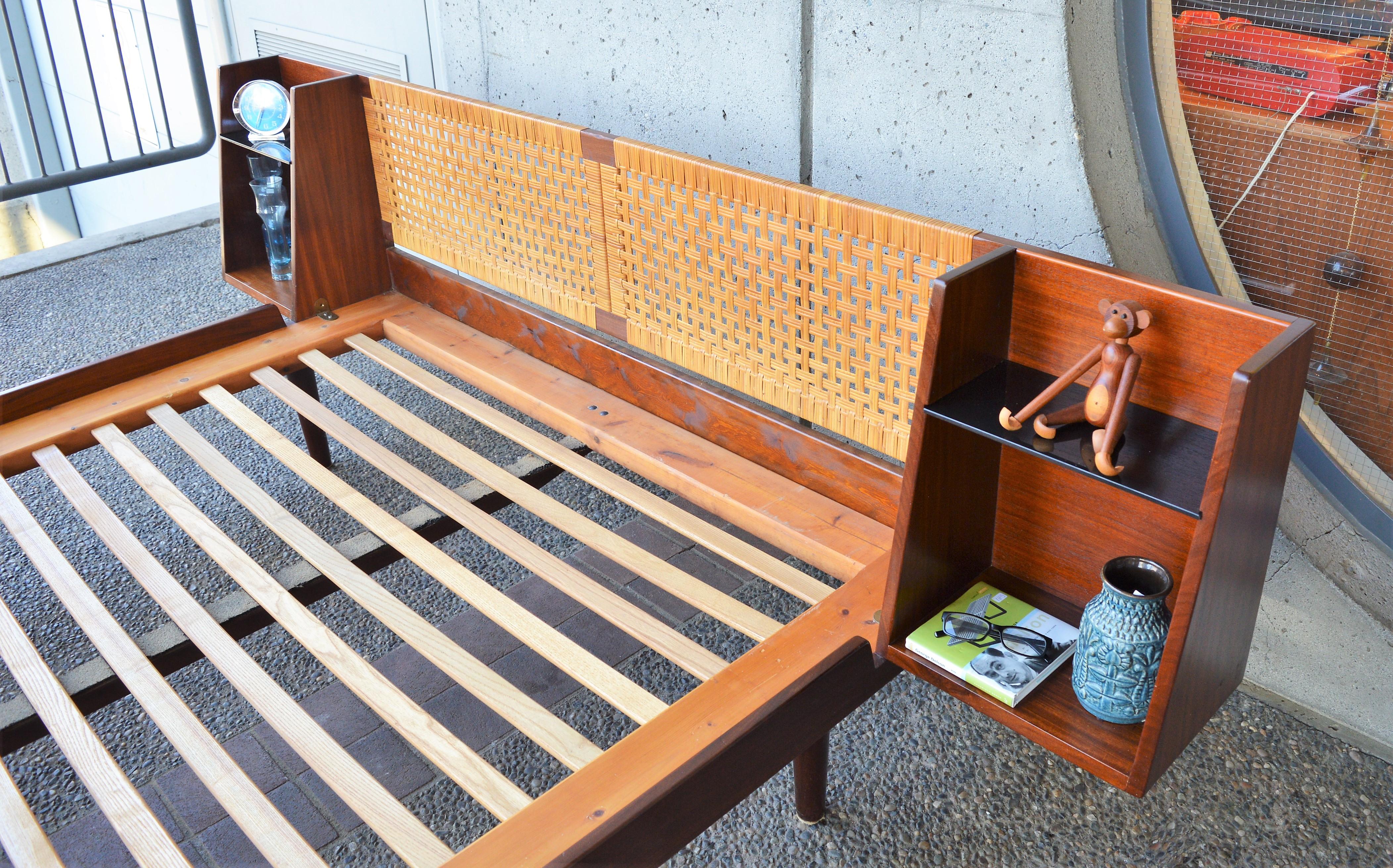 Hans Wegner Solid Teak and Cane Queen Platform Bed with Floating Bedside Tables 4