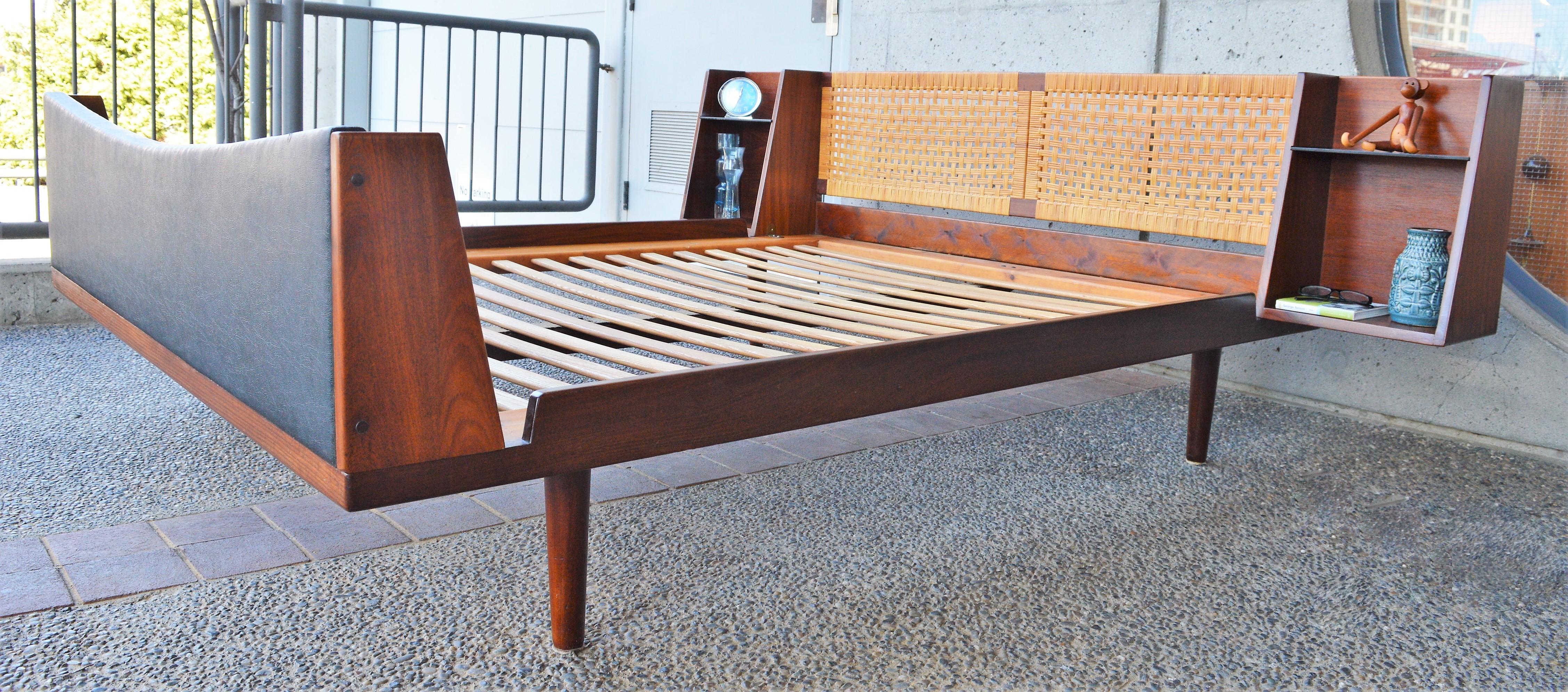 Hans Wegner Solid Teak and Cane Queen Platform Bed with Floating Bedside Tables 8