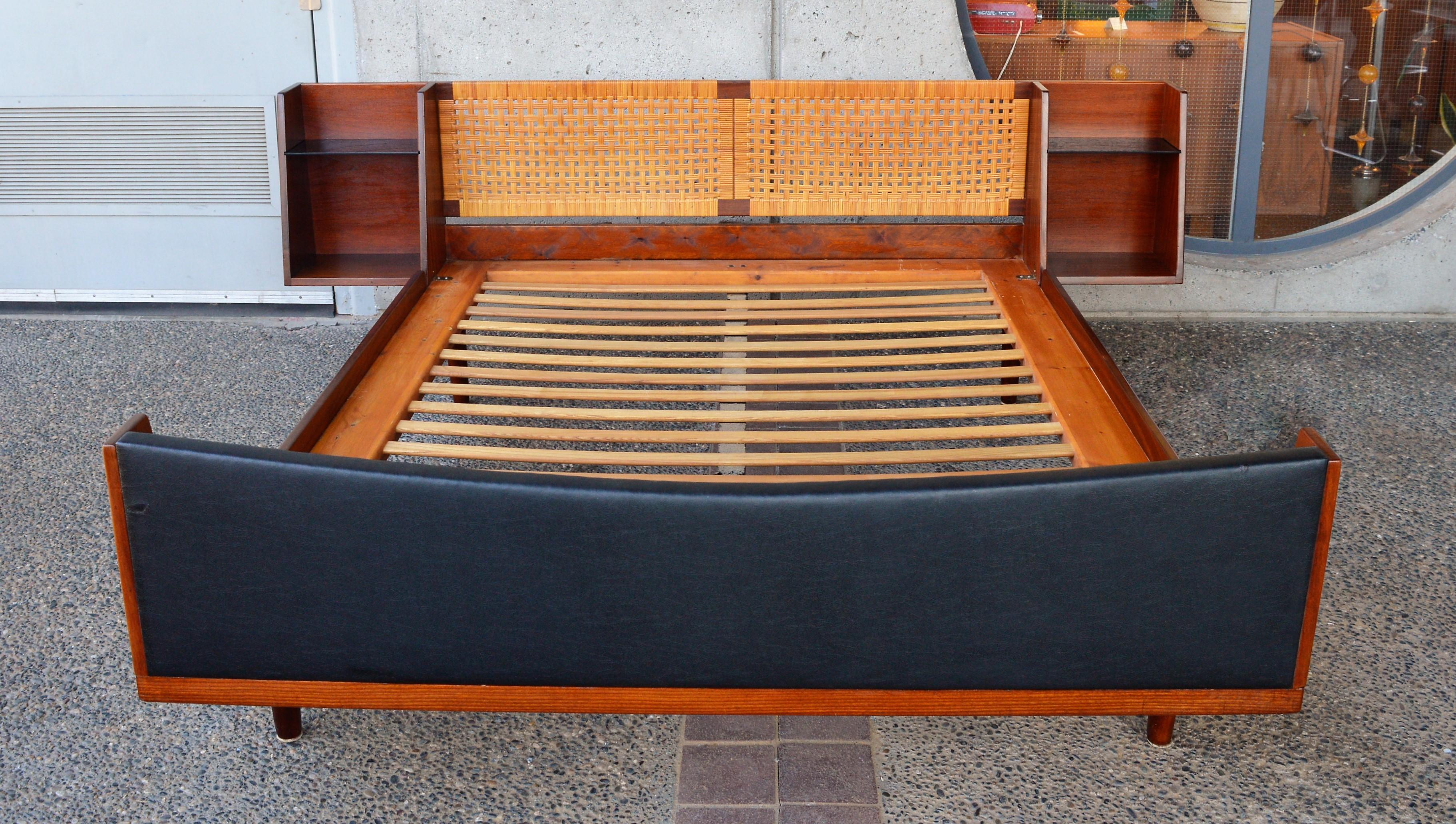 Hans Wegner Solid Teak and Cane Queen Platform Bed with Floating Bedside Tables 9