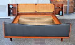 Hans Wegner Solid Teak and Cane Queen Platform Bed with Floating Bedside Tables