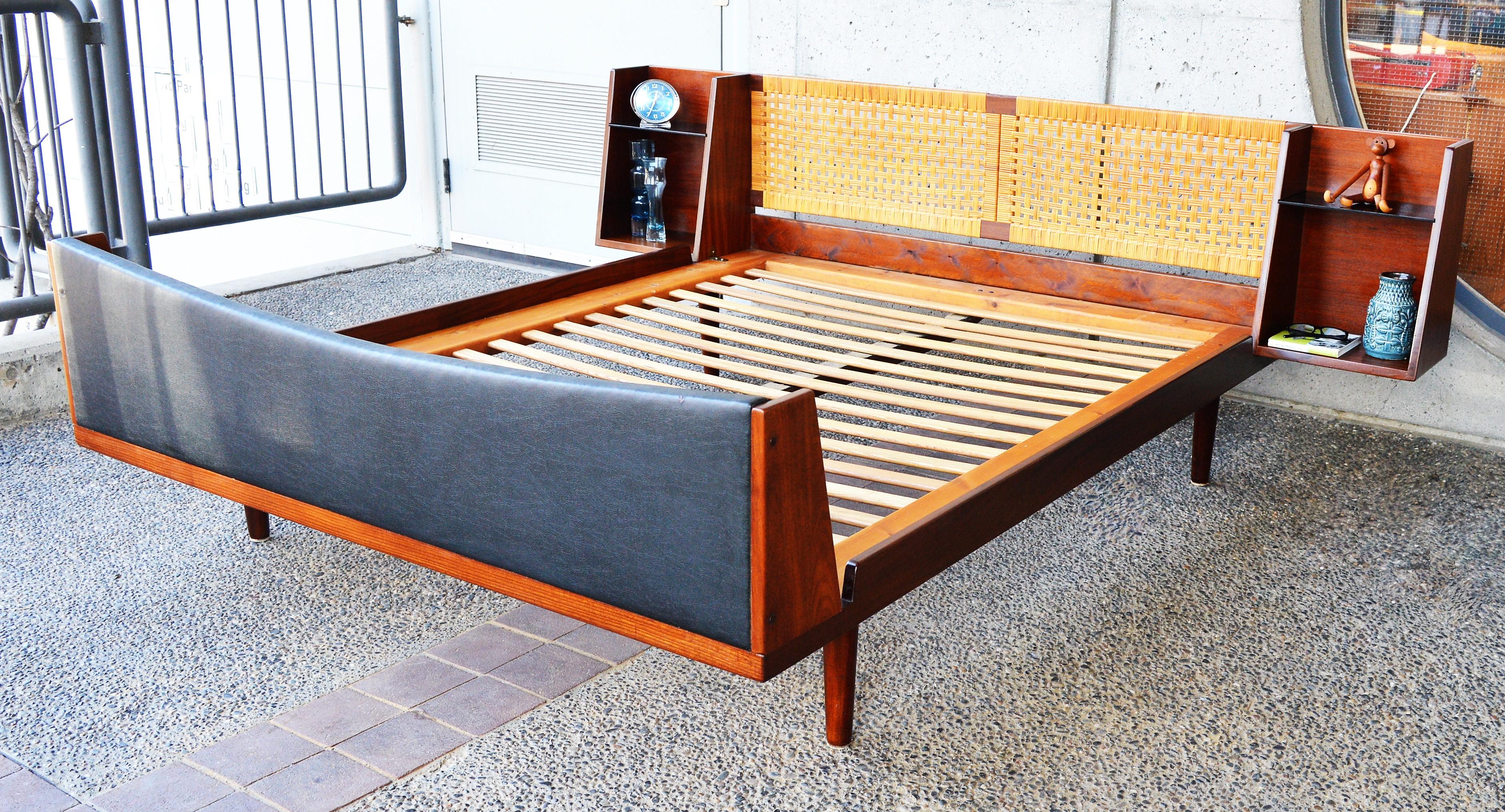 Mid-Century Modern Hans Wegner Solid Teak and Cane Queen Platform Bed with Floating Bedside Tables