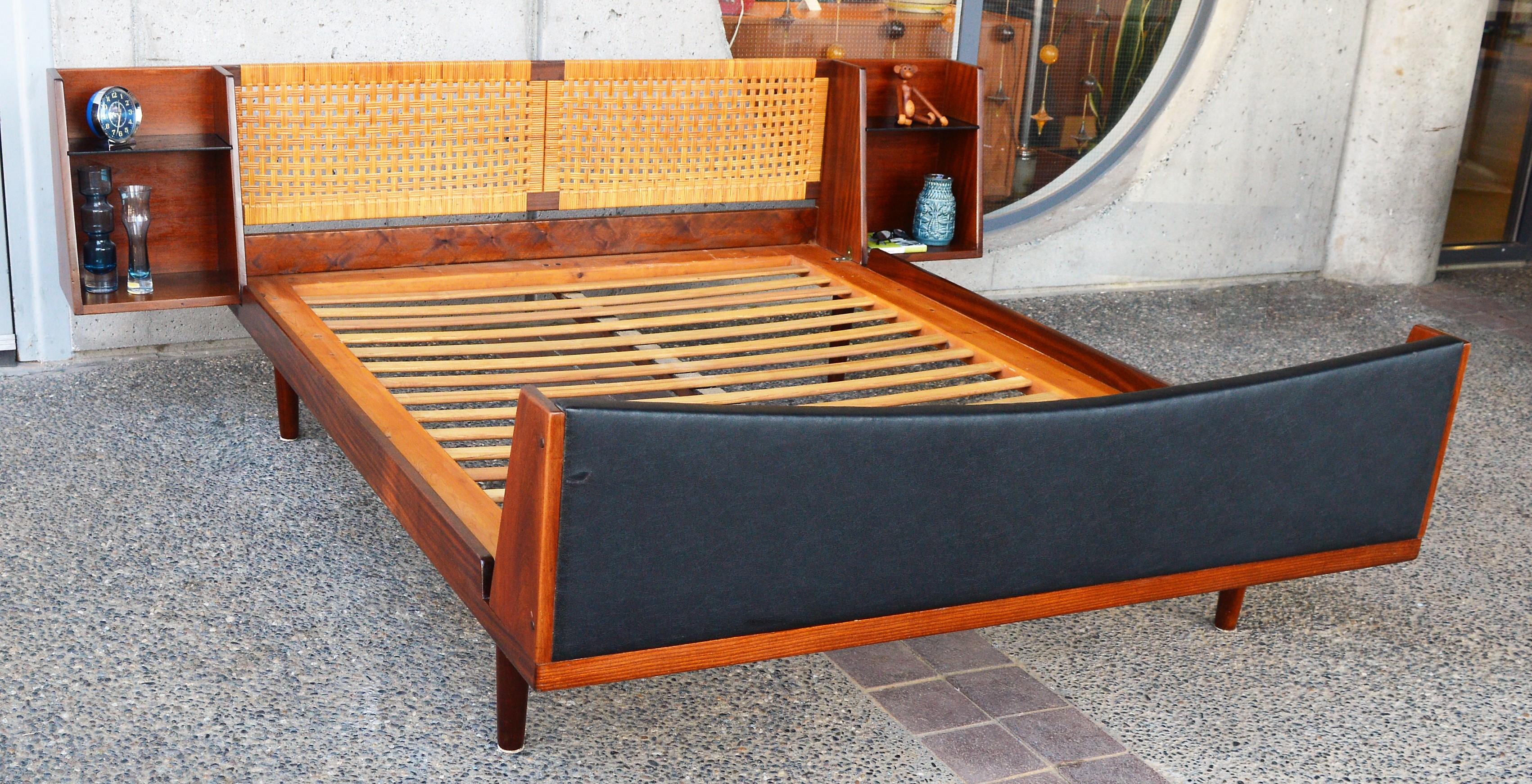 Mid-20th Century Hans Wegner Solid Teak and Cane Queen Platform Bed with Floating Bedside Tables