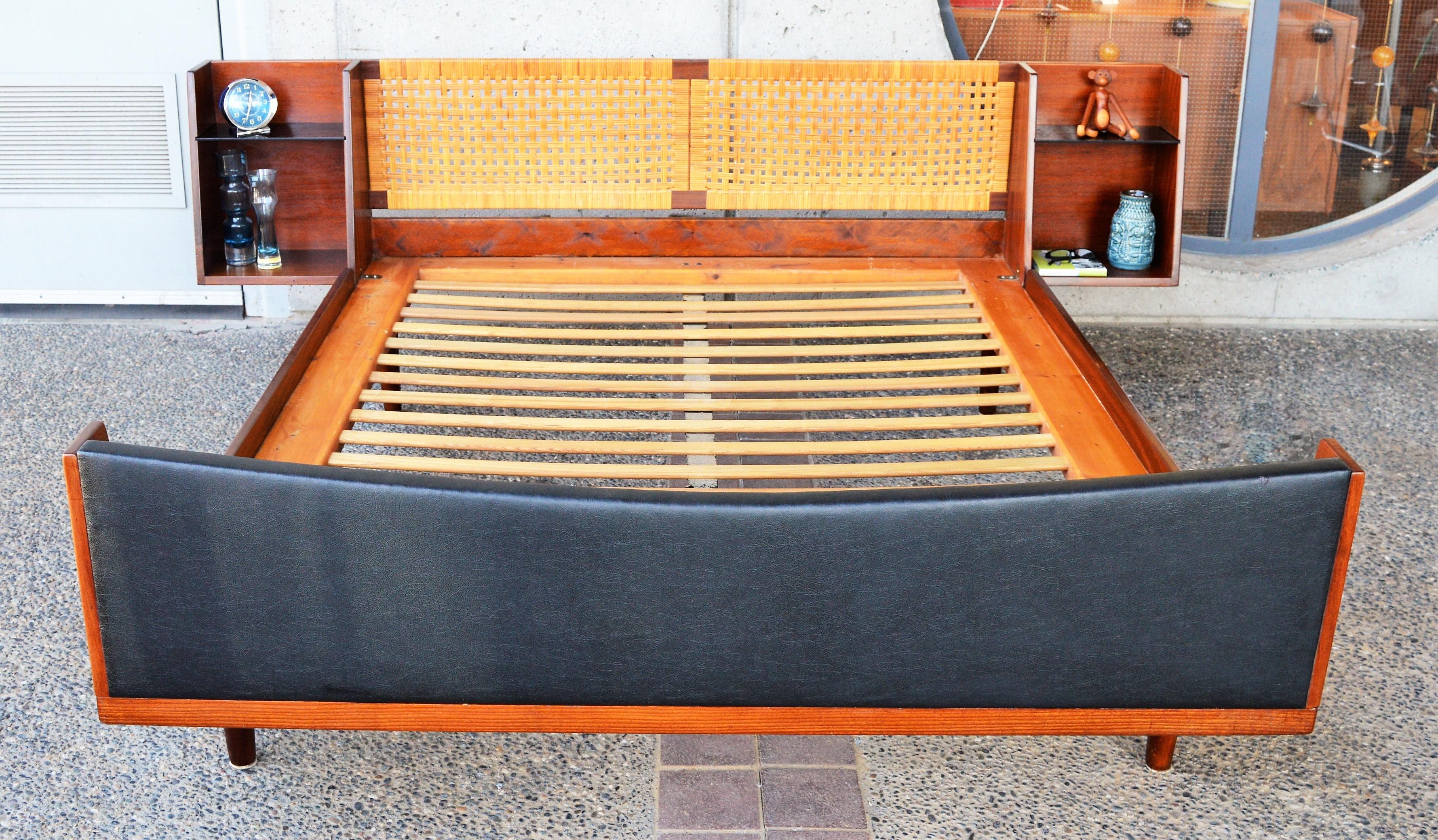 Hans Wegner Solid Teak and Cane Queen Platform Bed with Floating Bedside Tables 1