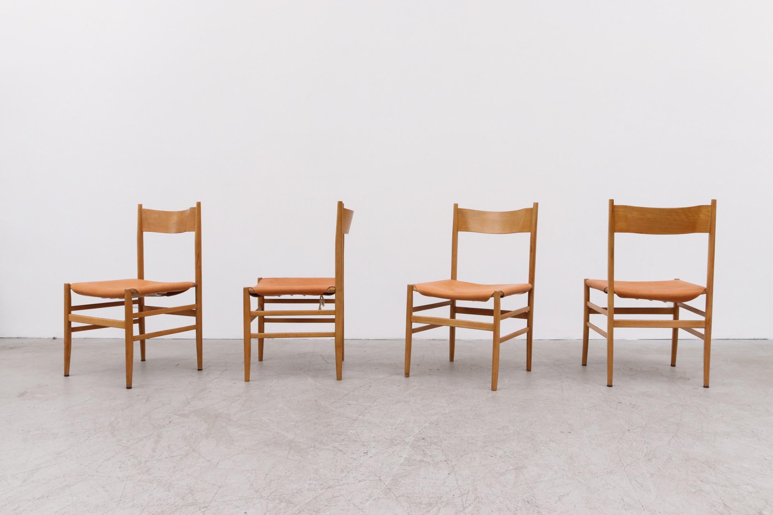 Hans Wegner Style Danish Blonde Dining Chairs with Leather Seats. Frames in original condition, wear is consistent with age and use. More available upon request. Also available in woven rope (pictured)and canvas seating (S114) all listed separately.