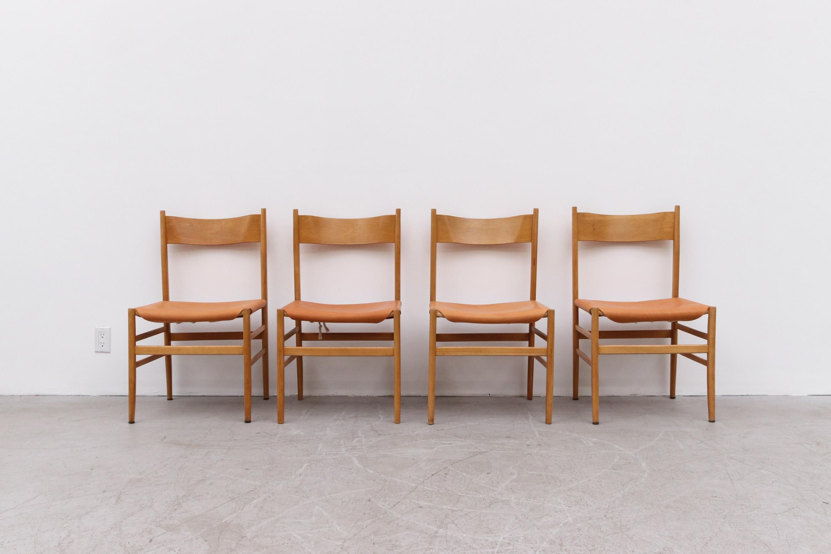 Mid-Century Modern Hans Wegner Style Danish Blonde Dining Chairs with Leather Seats