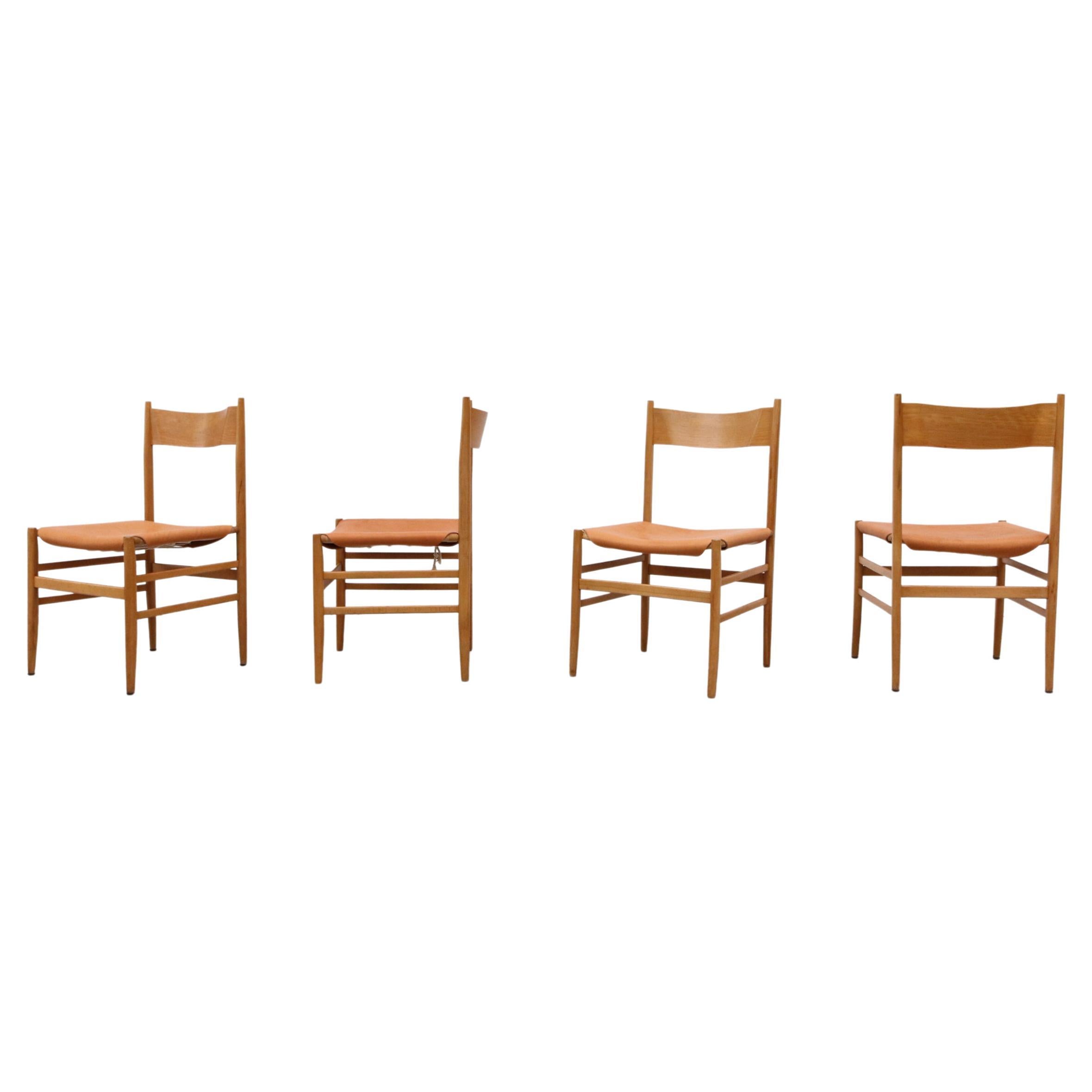 Hans Wegner Style Danish Blonde Dining Chairs with Leather Seats