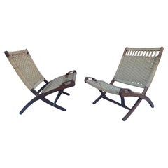 Hans Wegner Style Mid Century Folding Lounge Chairs, Teak /Rope Accent Chairs