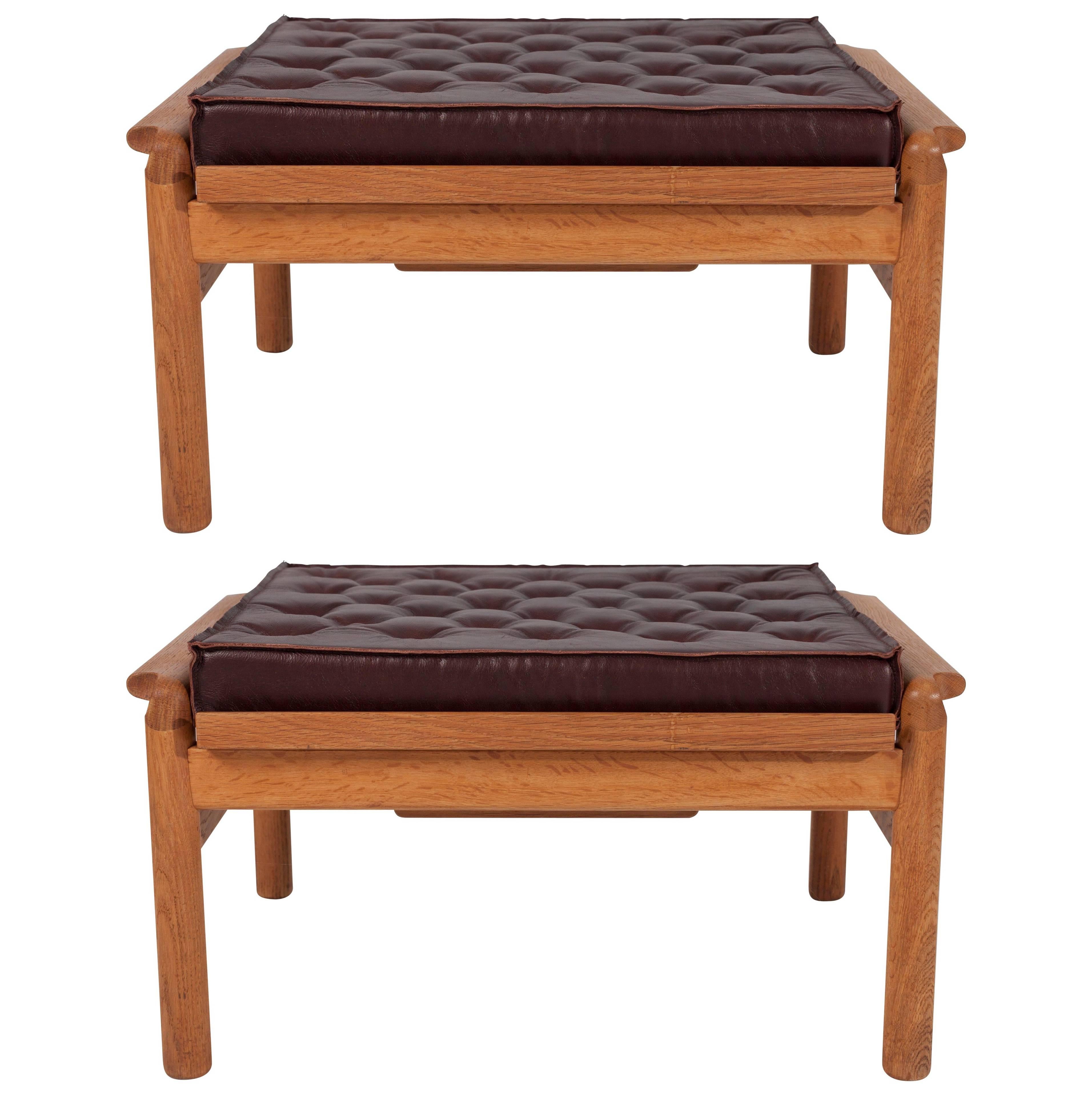 Pair of Midcentury Hans Wegner Style WoodenOttomans with Padded Leather Cushions