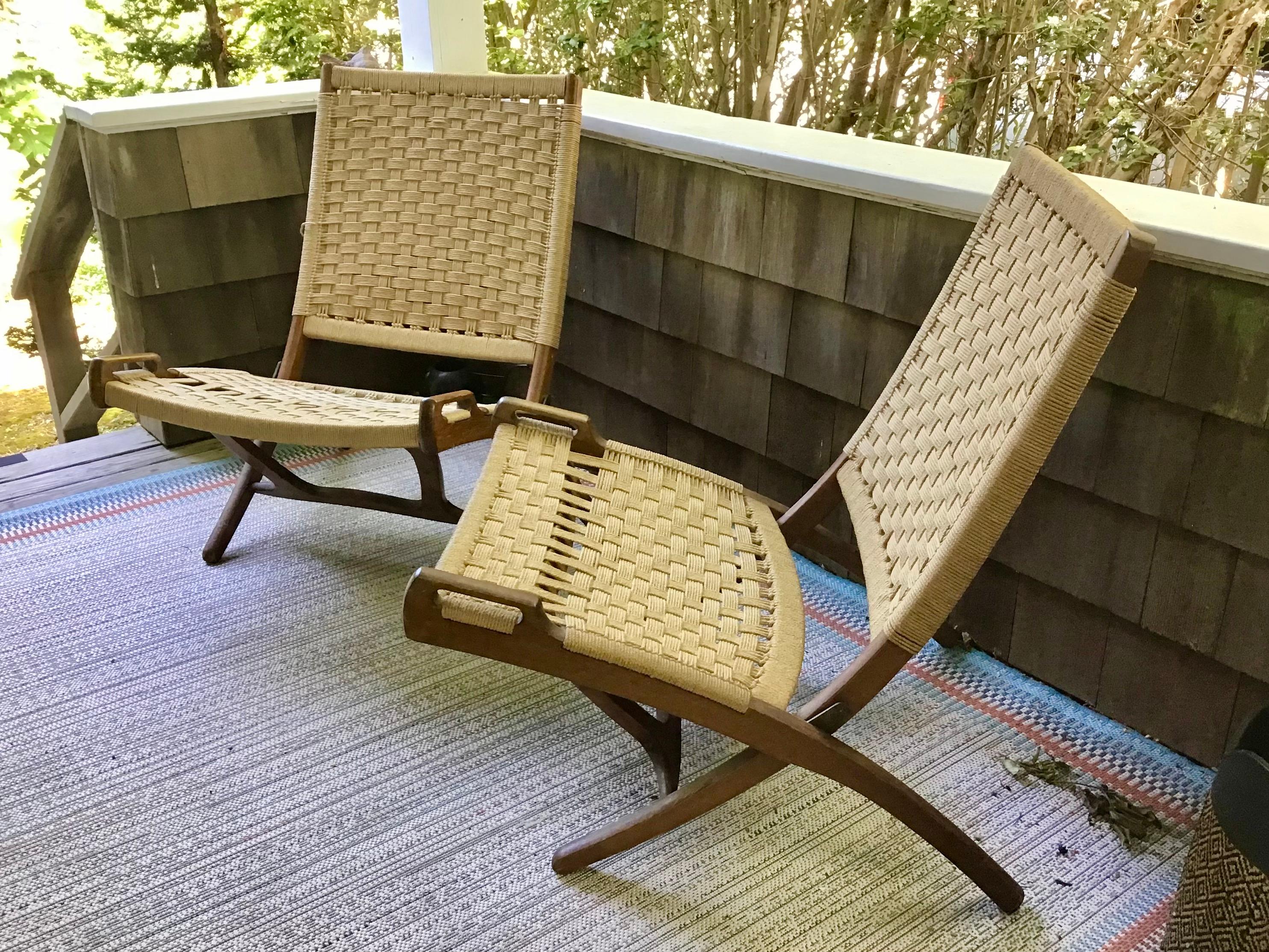 Scandinavian Modern Hans Wegner Style Pair Rope Chairs Folding Chairs Reproduction