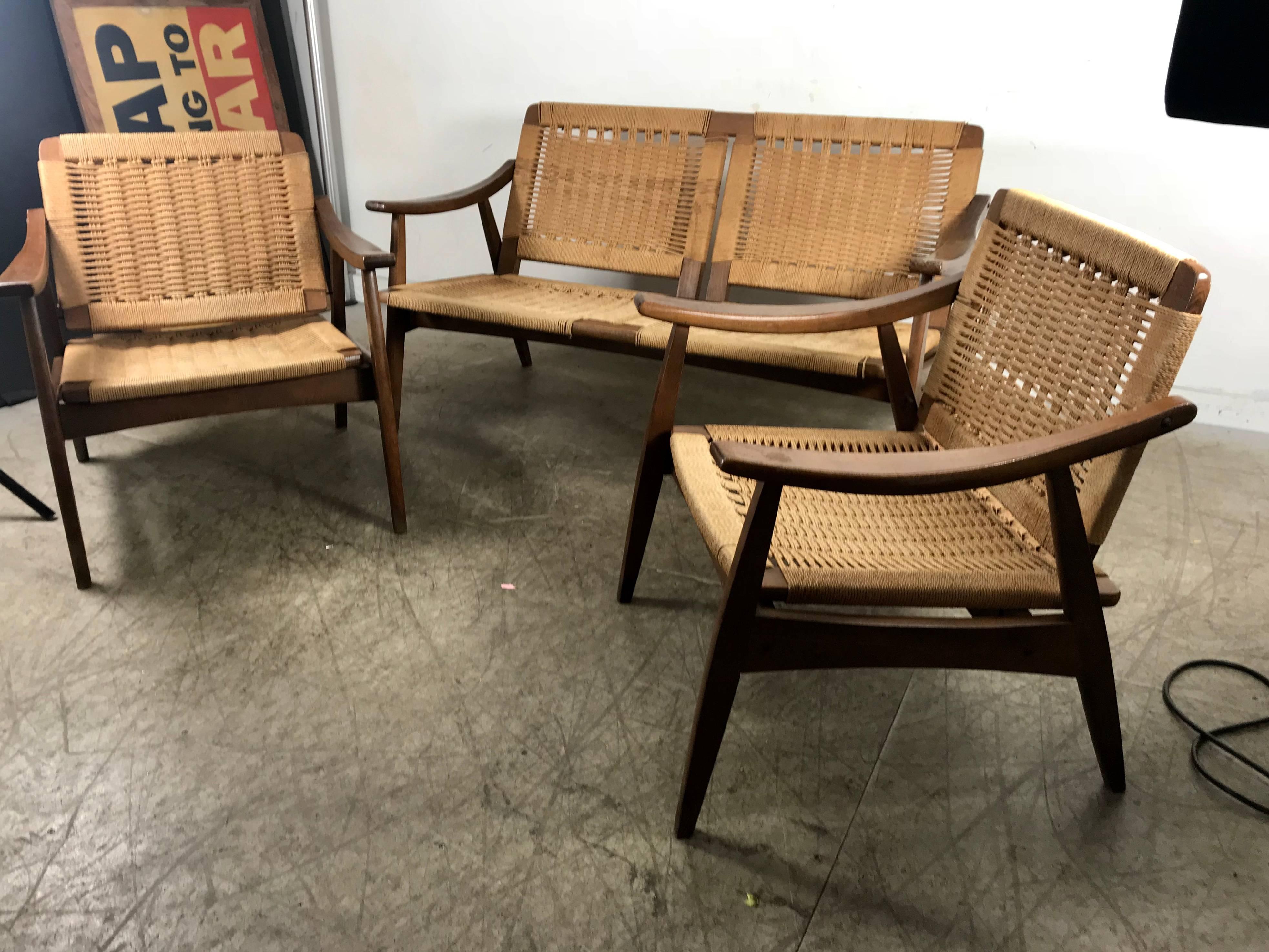 Hans Wegner style rope and teak three-piece suite, living room/patio set, Classic modernist design, settee measures 54