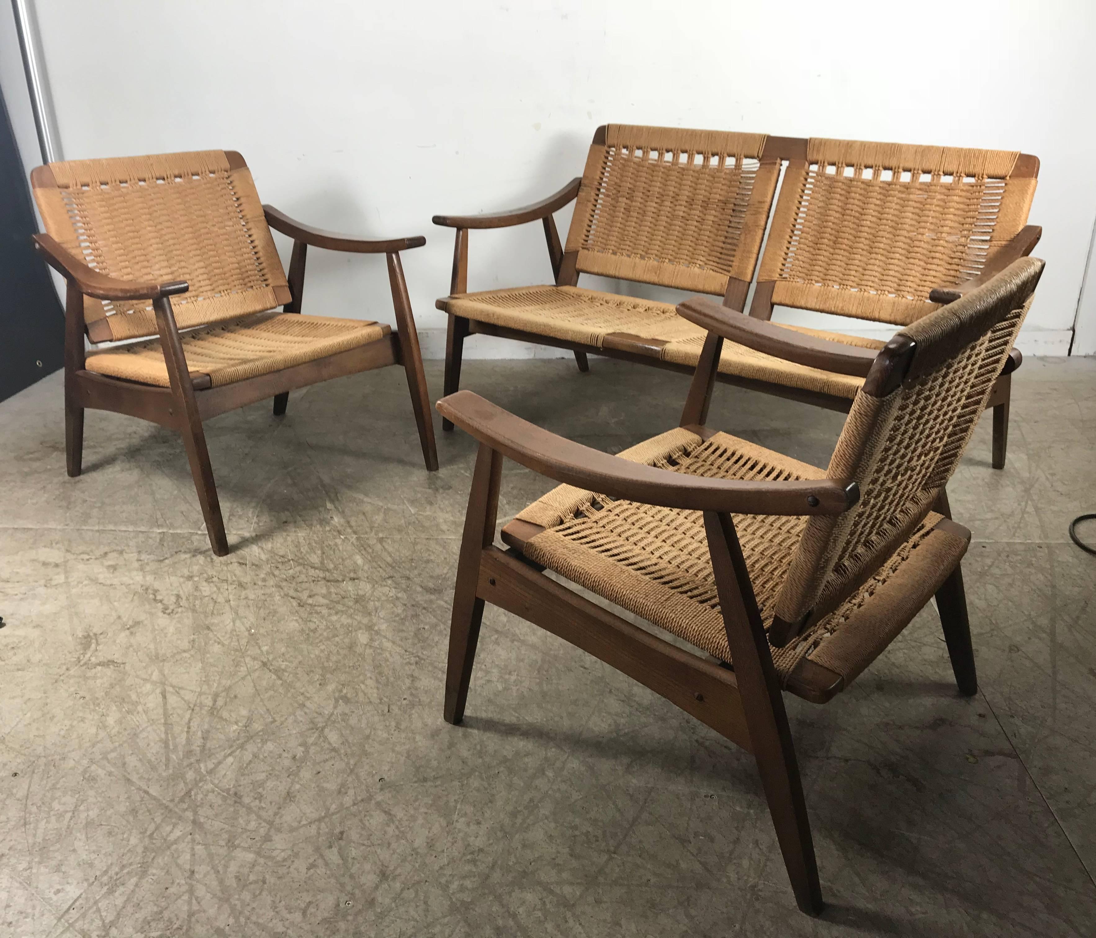 Scandinavian Modern Hans Wegner Style Rope and Teak Three-Piece Suite, Living Room/Patio Set