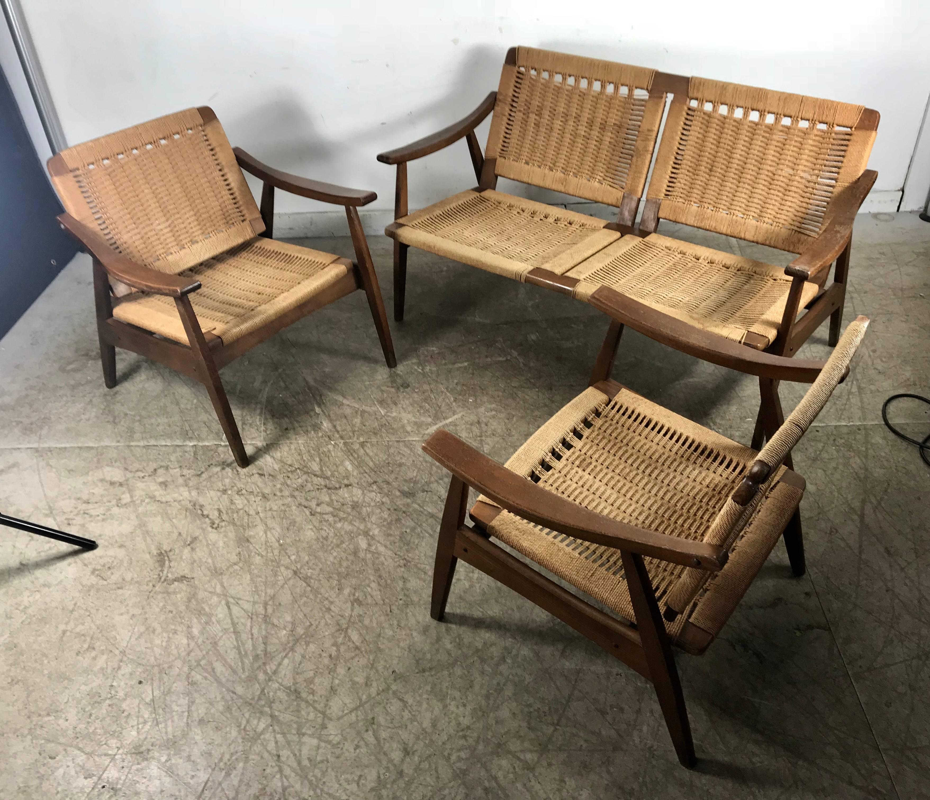 Macedonian Hans Wegner Style Rope and Teak Three-Piece Suite, Living Room/Patio Set