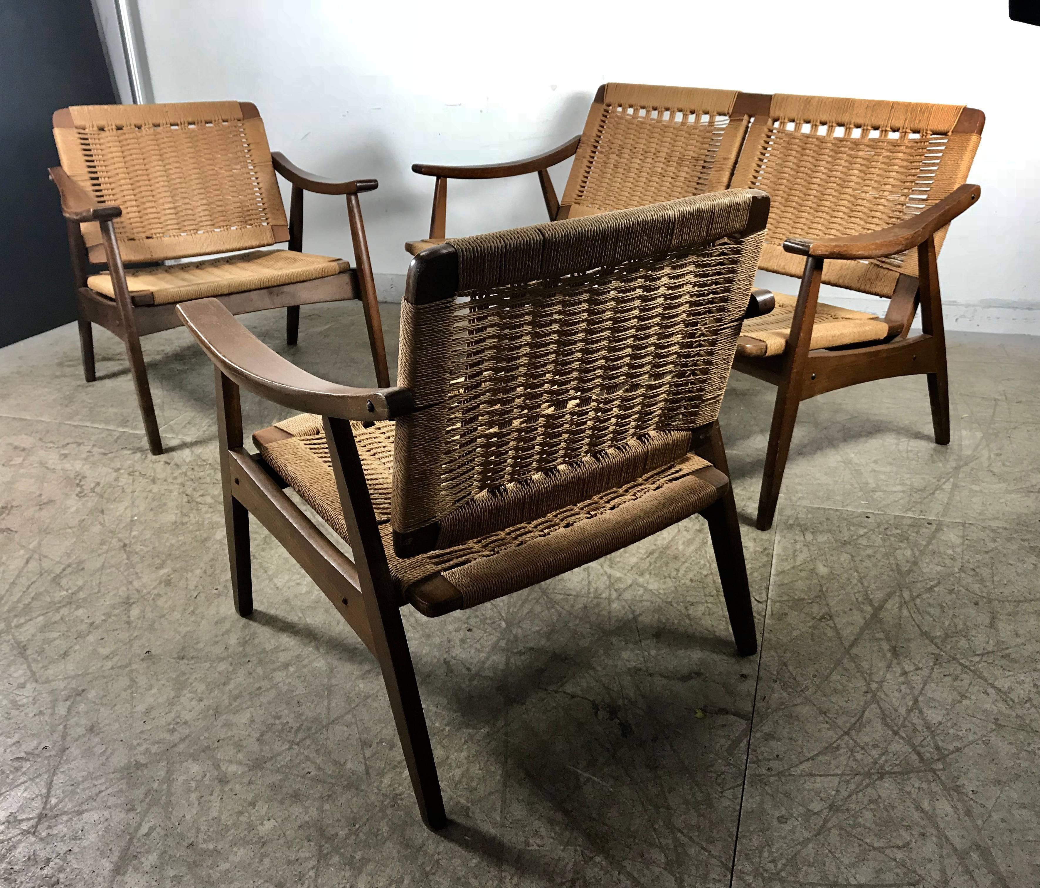 Hans Wegner Style Rope and Teak Three-Piece Suite, Living Room/Patio Set In Good Condition In Buffalo, NY