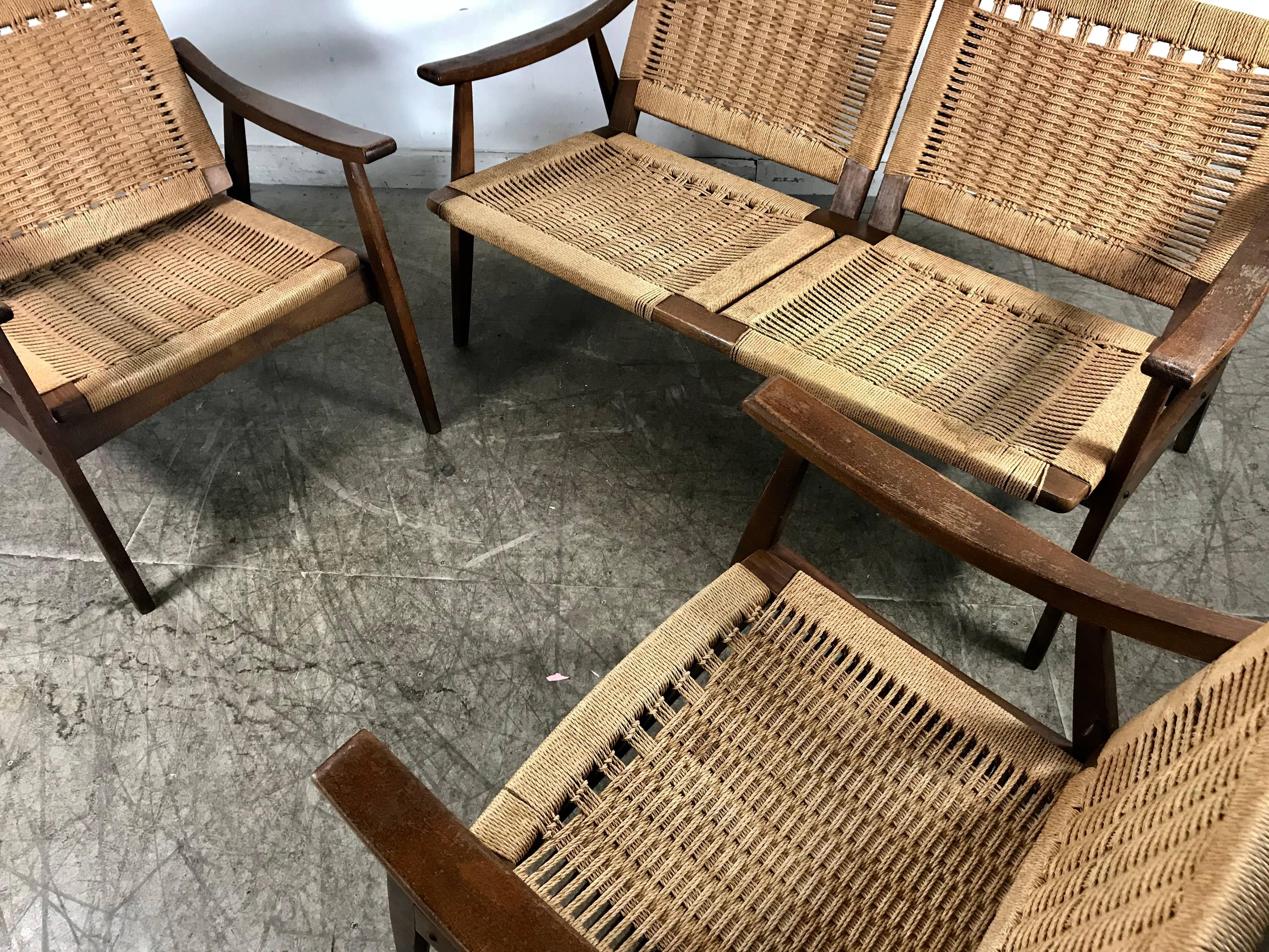 20th Century Hans Wegner Style Rope and Teak Three-Piece Suite, Living Room/Patio Set